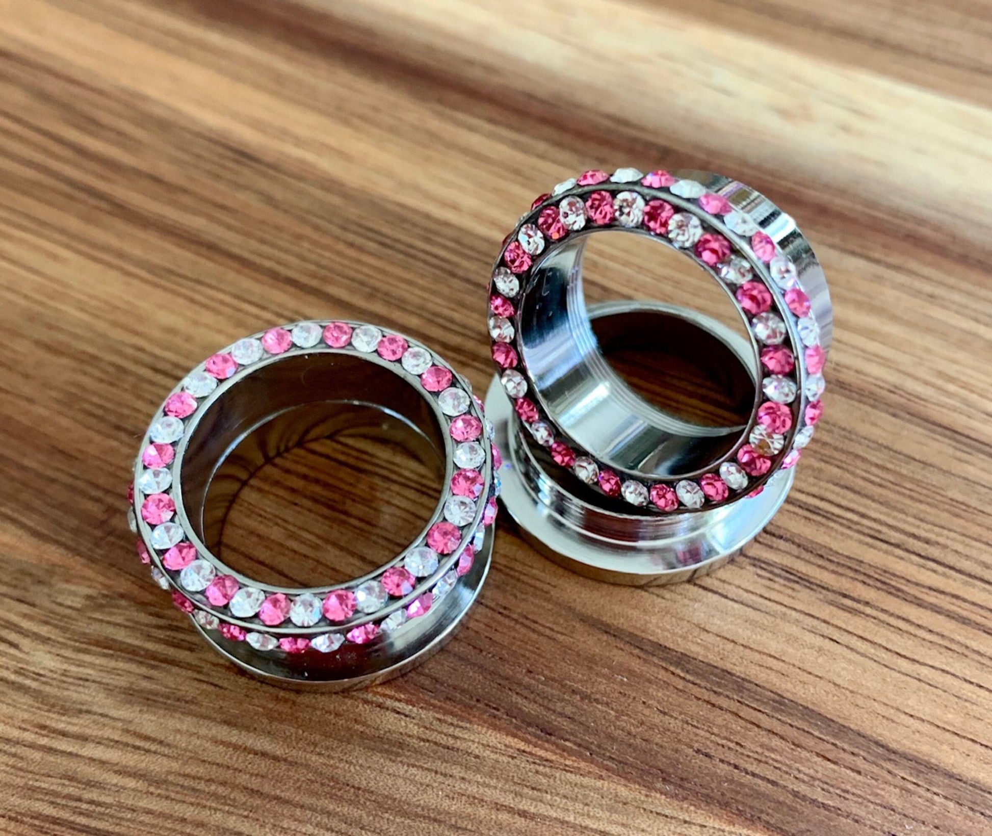 PAIR of Stunning Internally Threaded Tunnels with Pink & Clear Rim and Side Gems - Gauges 2g (6mm) thru 3/4" (16mm) available!