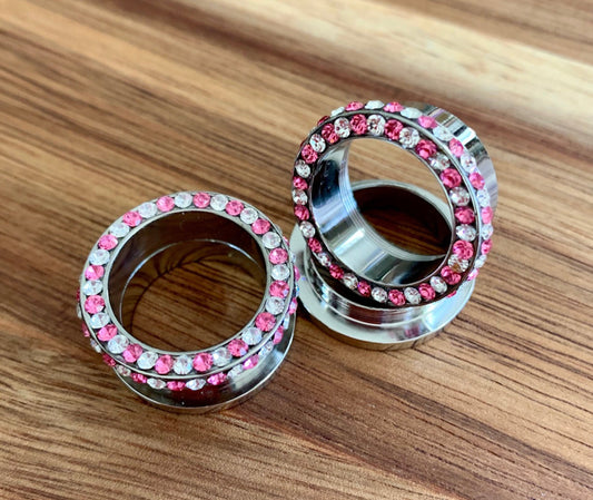 PAIR of Stunning Internally Threaded Tunnels with Pink & Clear Rim and Side Gems - Gauges 2g (6mm) thru 3/4" (16mm) available!