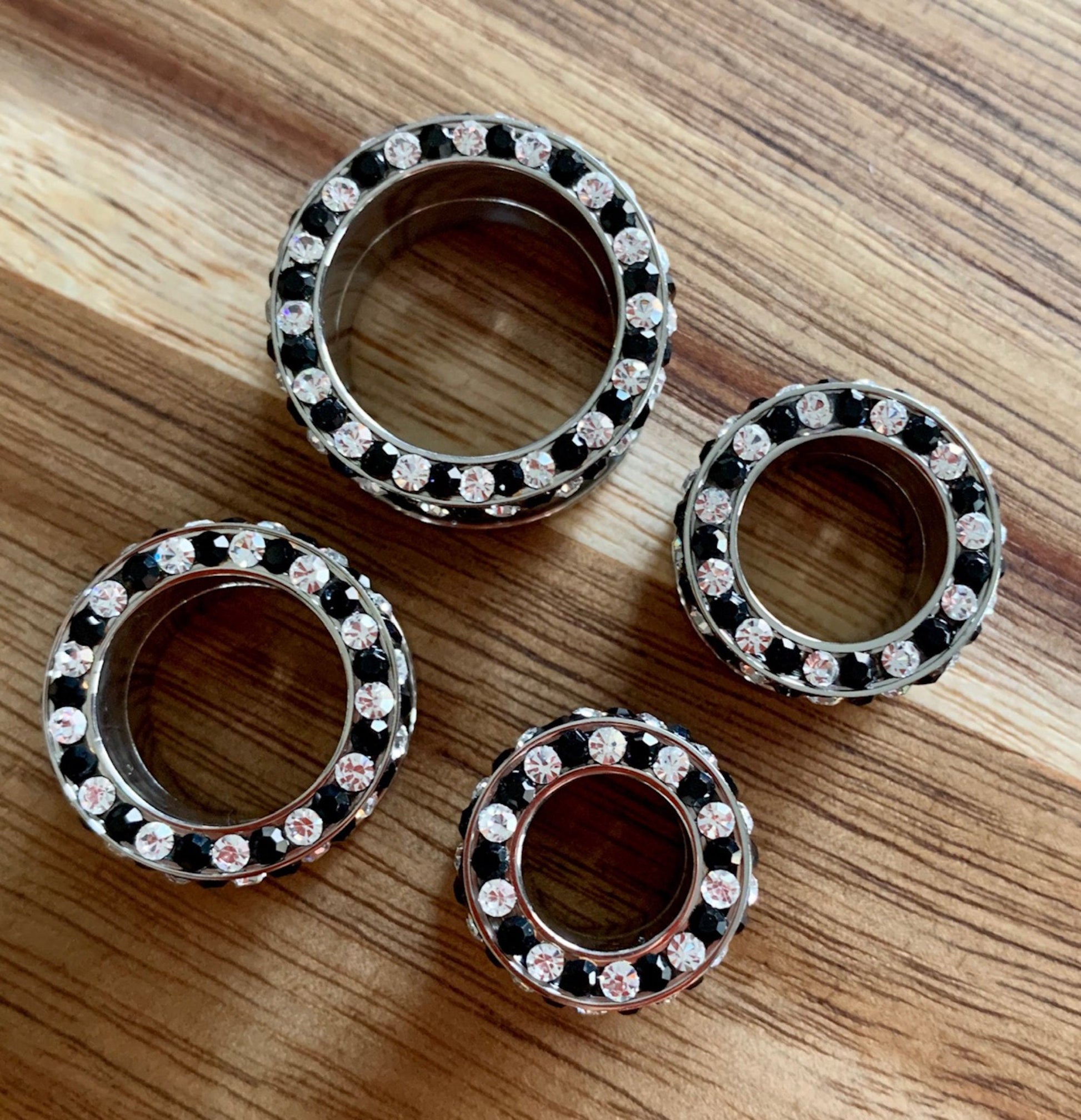 PAIR of Stunning Internally Threaded Tunnels with Black & Clear Rim and Side Gems - Gauges 1/2" (12mm) thru 3/4" (16mm) available!