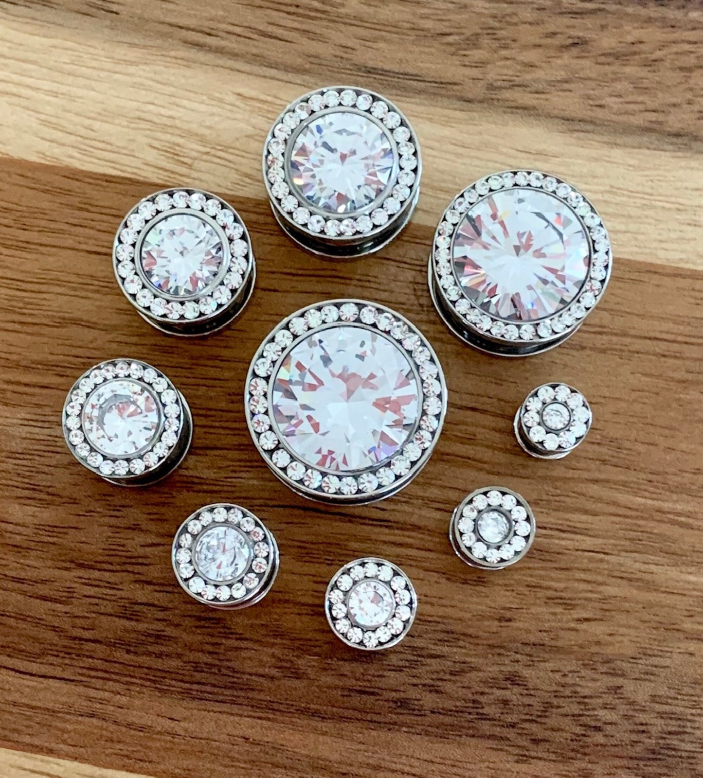 PAIR of Stunning Steel Screw Fit Plugs with Large Clear CZ Gem Surrounded by a CZ Rim - Gauges 8g (3.2) thru 5/8" (16mm) available!