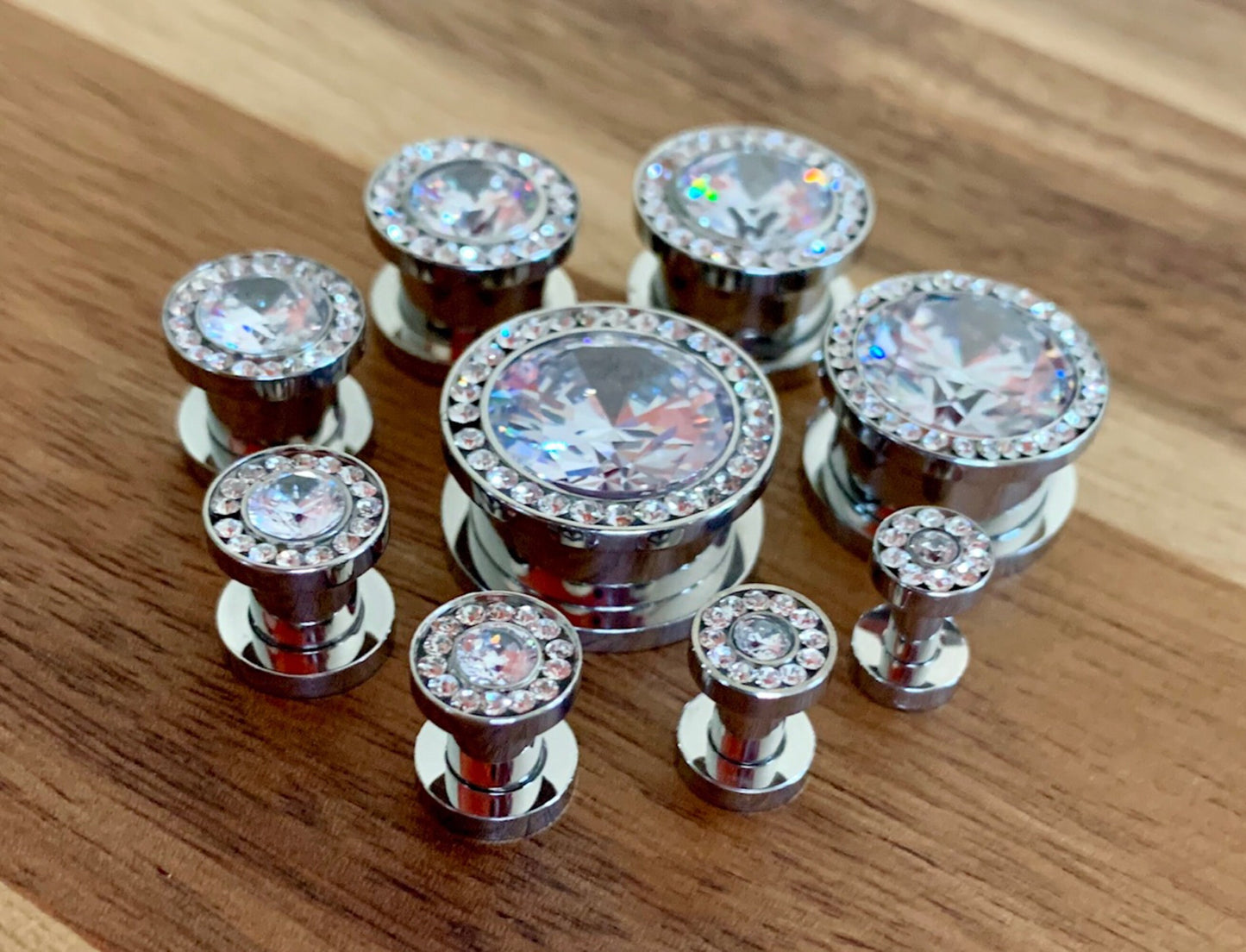 PAIR of Stunning Steel Screw Fit Plugs with Large Clear CZ Gem Surrounded by a CZ Rim - Gauges 8g (3.2) thru 5/8" (16mm) available!