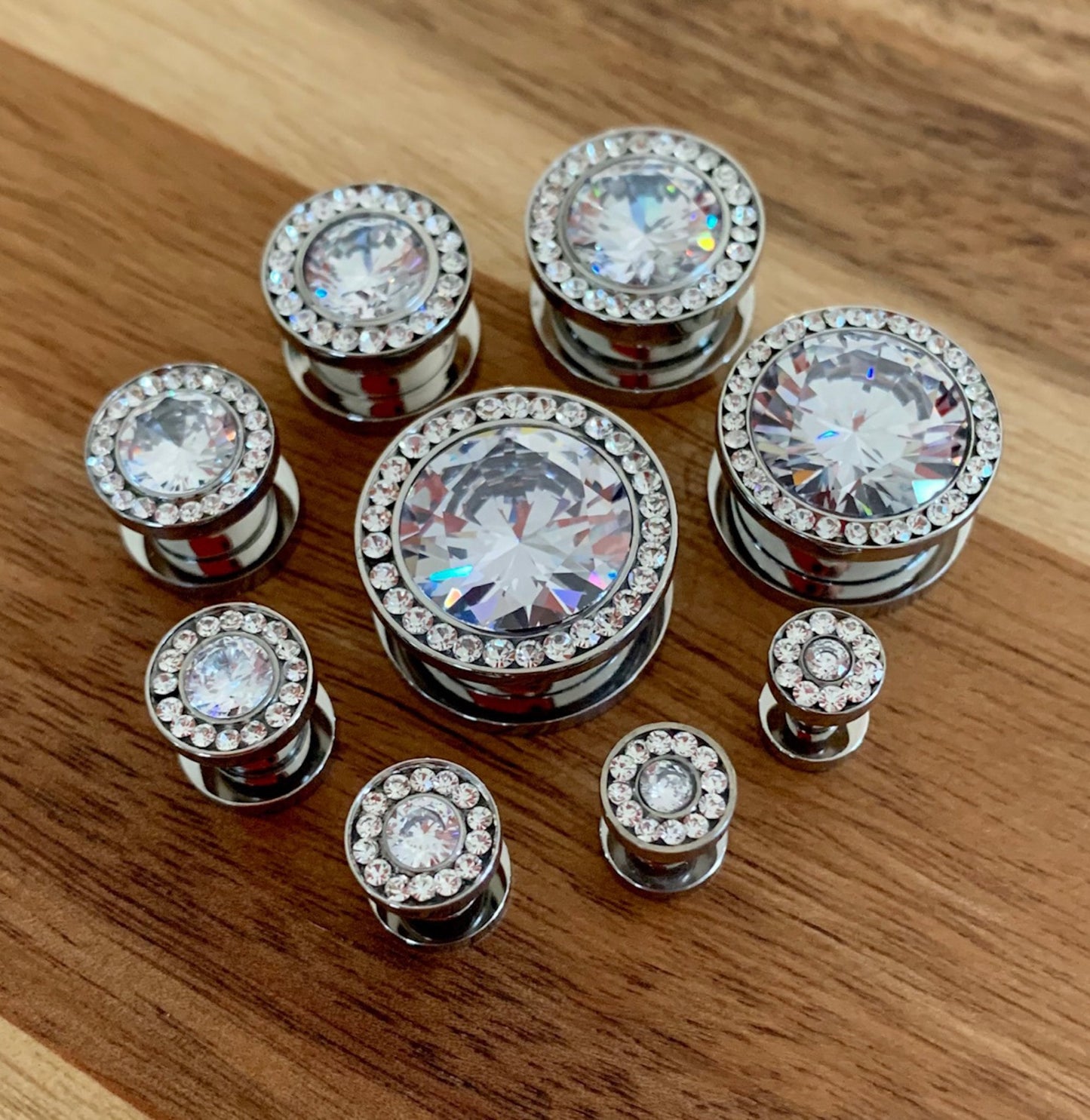 PAIR of Stunning Steel Screw Fit Plugs with Large Clear CZ Gem Surrounded by a CZ Rim - Gauges 8g (3.2) thru 5/8" (16mm) available!