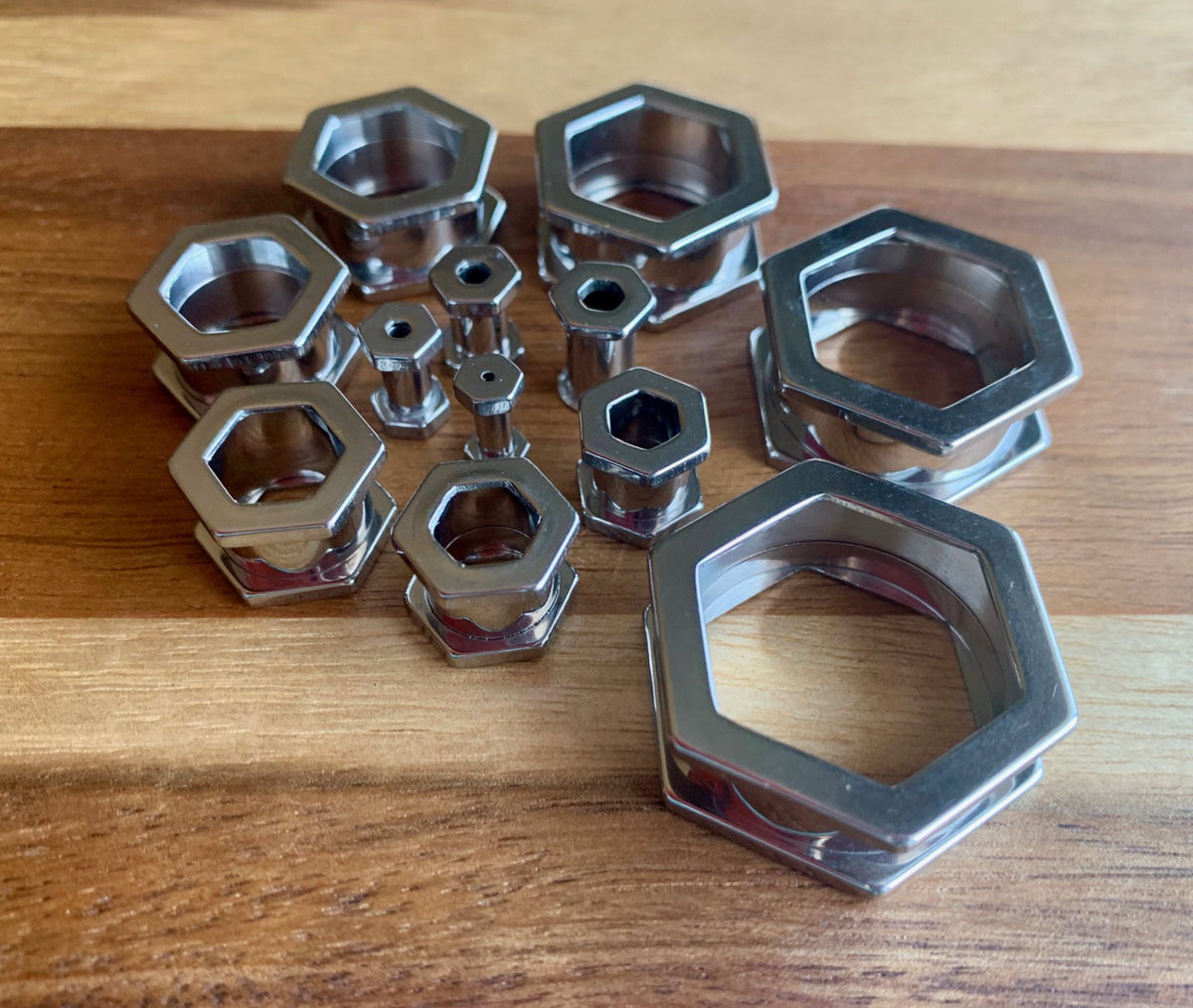 PAIR of Unique Hexagon Steel Screw Fit Tunnels - Gauges 8g (3.2mm) thru 1" (25mm) available!