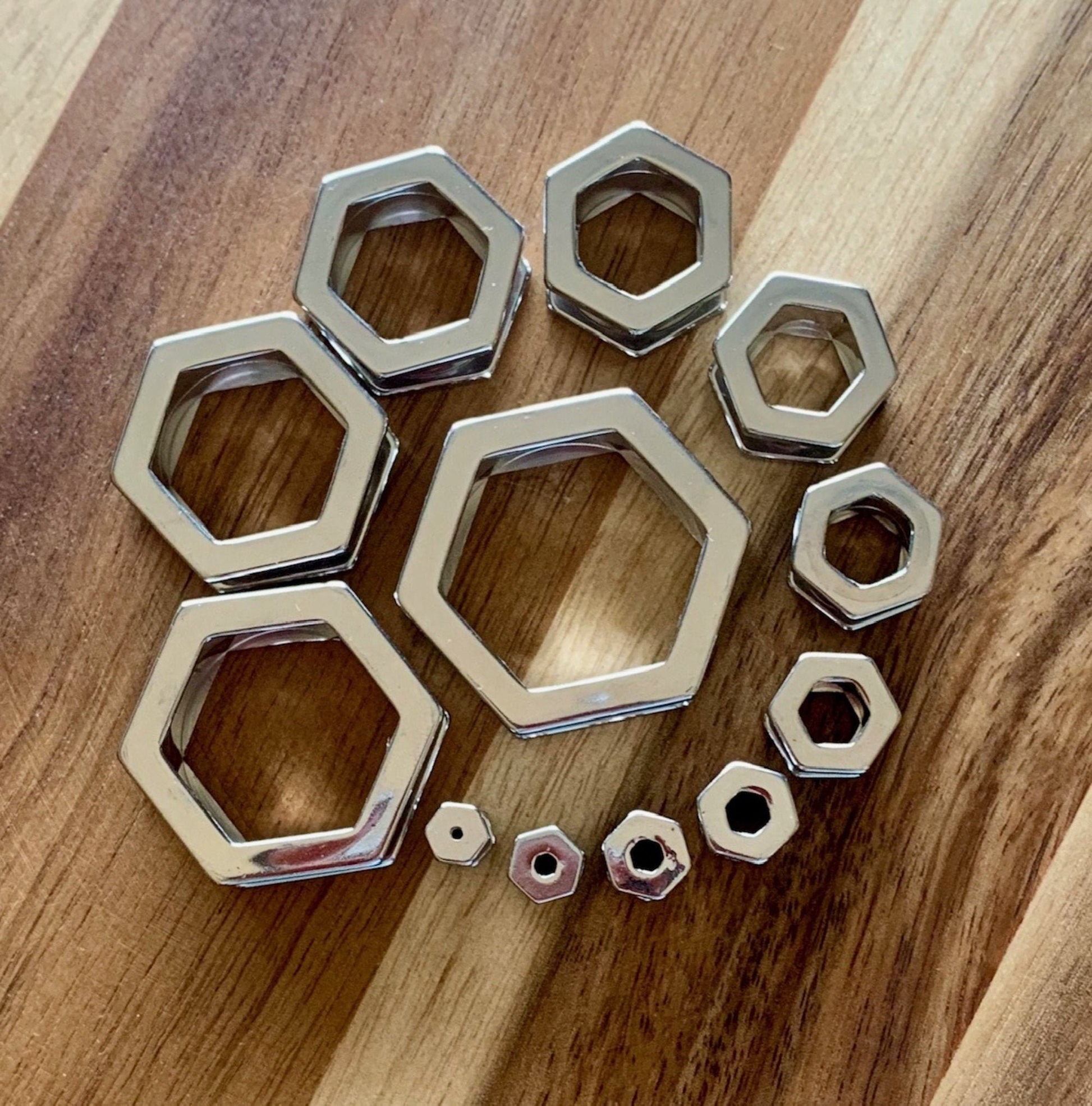 PAIR of Unique Hexagon Steel Screw Fit Tunnels - Gauges 8g (3.2mm) thru 1" (25mm) available!