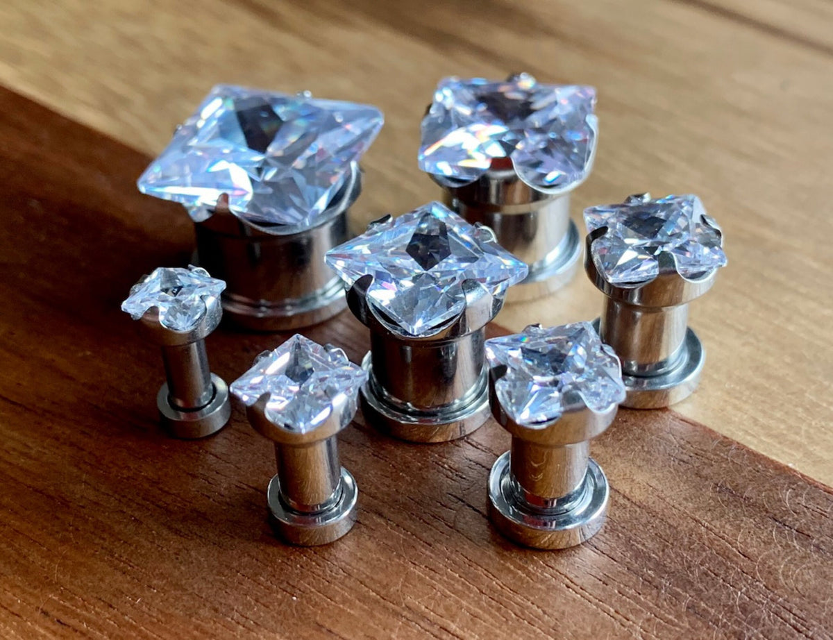 PAIR of Stunning Large Square CZ Gem Steel Screw Fit Tunnels/Plugs - Gauges 8g (3.2mm) thru 1/2" (12mm) available!