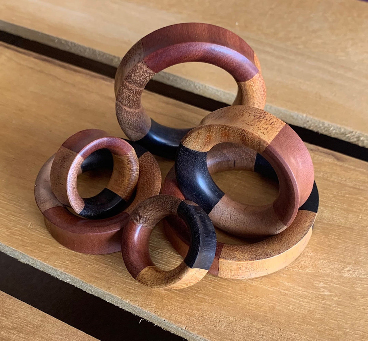 PAIR of Unique Organic Concave Sawo, Jackfruit, Areng, Teak Quarters Wood Tunnels - Gauges 1" (25mm) thru 2" (52mm) available!