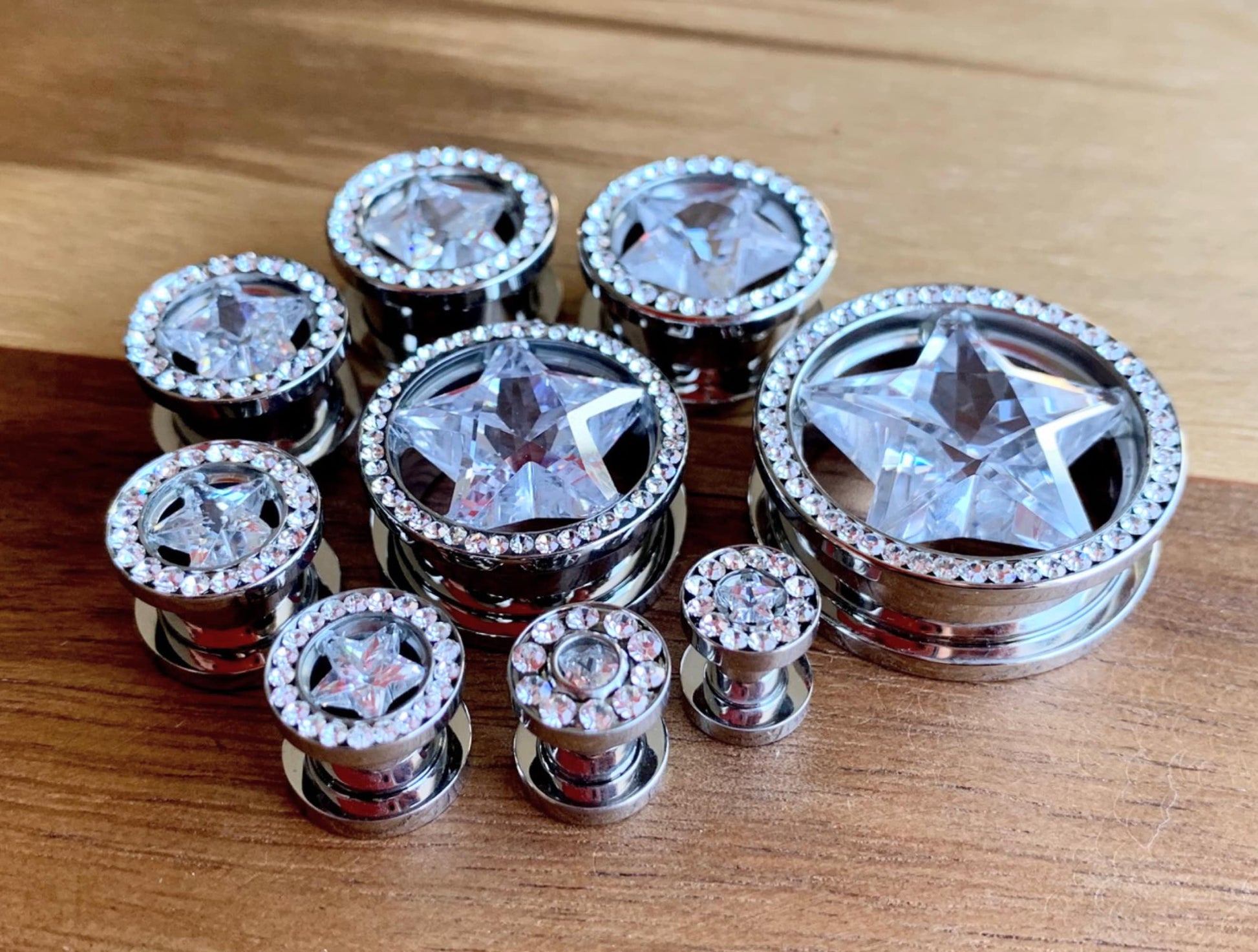 PAIR of Clear Star CZ Gem Surrounded by a Clear CZ Rim Steel Screw Fit Plug - Gauges 4g (5mm) thru 14mm available!