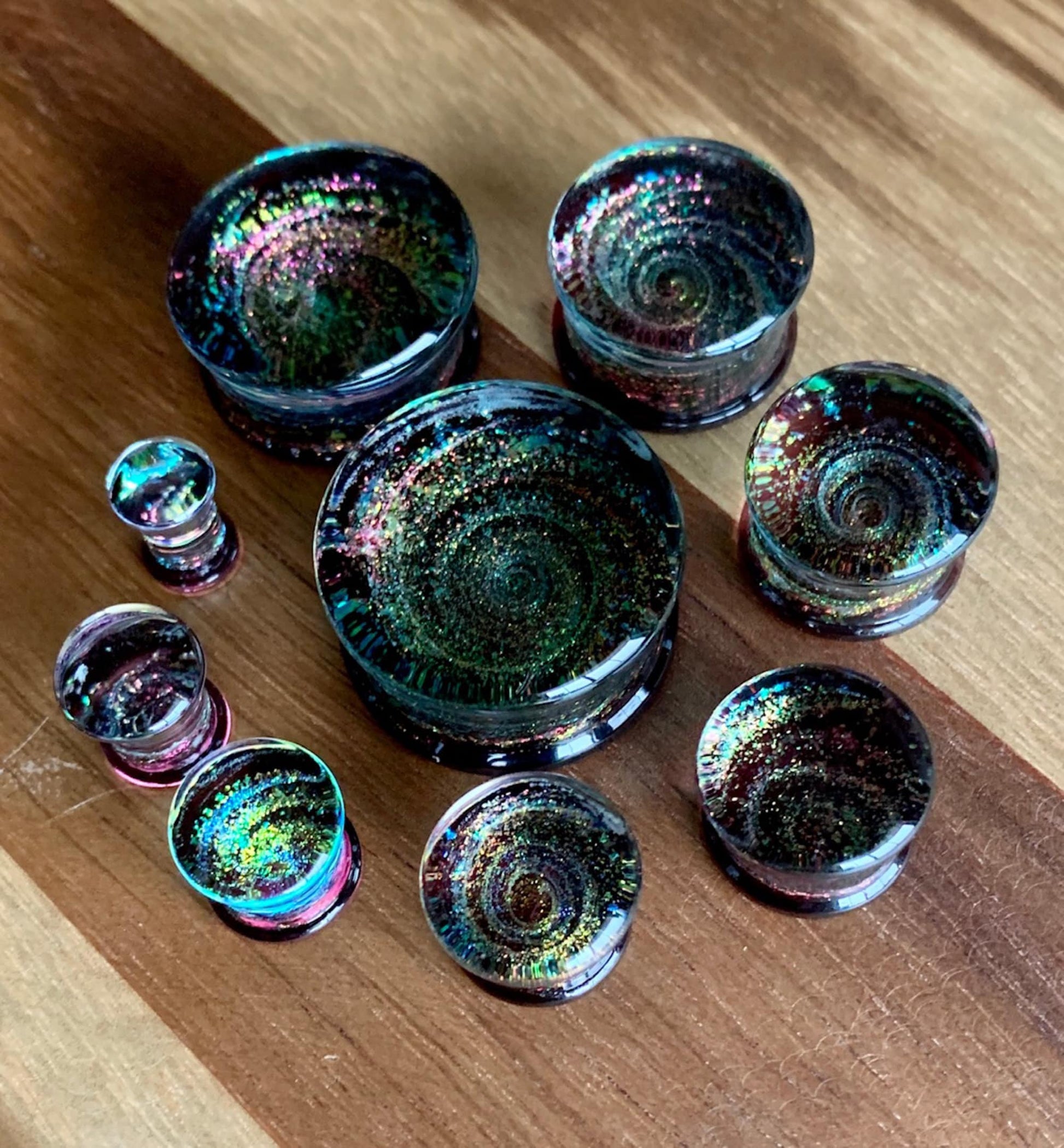 PAIR of Unique Purple Sparkle Galaxy Swirl Design Pyrex Glass Plugs - Gauges 2g (6mm) through 1" (25mm) available!