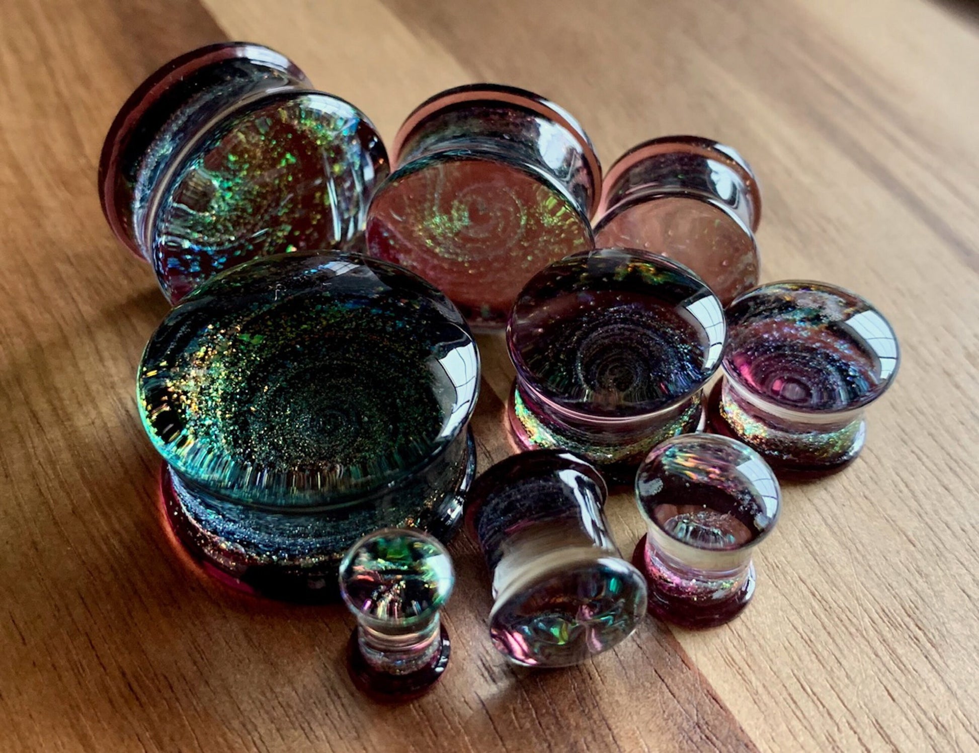 PAIR of Unique Purple Sparkle Galaxy Swirl Design Pyrex Glass Plugs - Gauges 2g (6mm) through 1" (25mm) available!