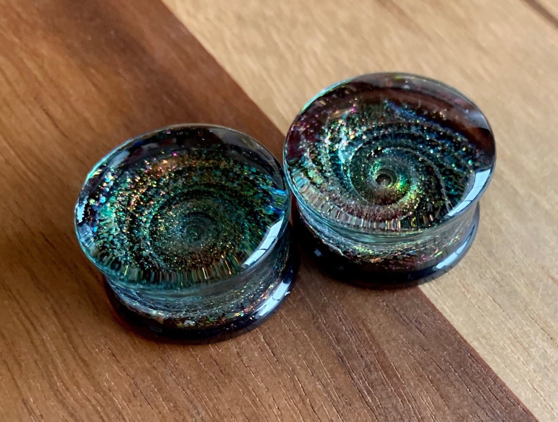 PAIR of Unique Purple Sparkle Galaxy Swirl Design Pyrex Glass Plugs - Gauges 2g (6mm) through 1" (25mm) available!