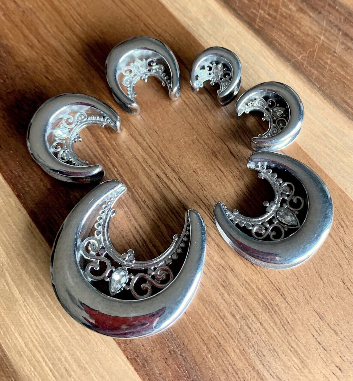PAIR of Floral Filigree Saddle Surgical Steel Ear Spreaders with CZ Gem Hanger-Tunnels/Plugs - Gauges 00g (10mm) thru 1" (25mm) available!