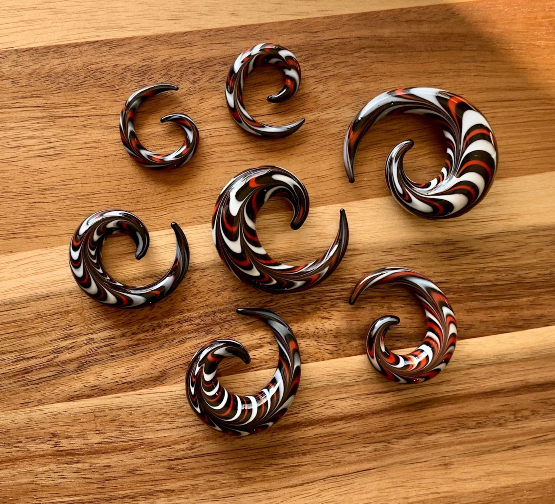 PAIR of Stunning Red, Black & White Swirl Glass Spiral Tapers - Gauges 4g (5mm) thru 5/8" (16mm) available!