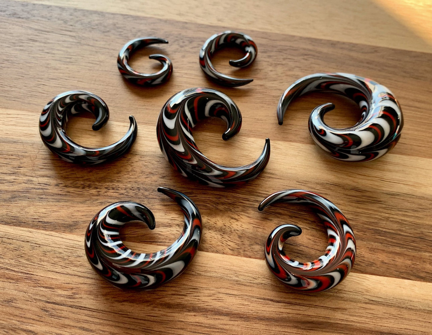 PAIR of Stunning Red, Black & White Swirl Glass Spiral Tapers - Gauges 4g (5mm) thru 5/8" (16mm) available!