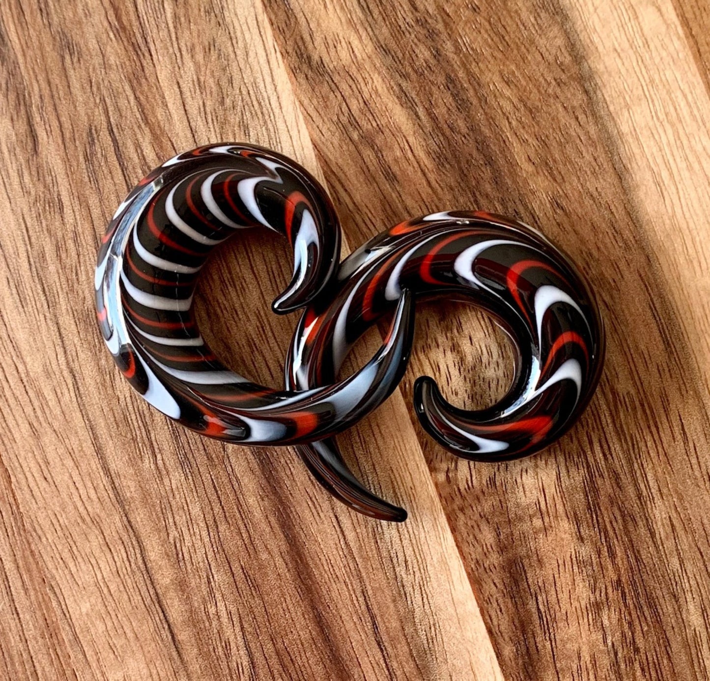 PAIR of Stunning Red, Black & White Swirl Glass Spiral Tapers - Gauges 4g (5mm) thru 5/8" (16mm) available!