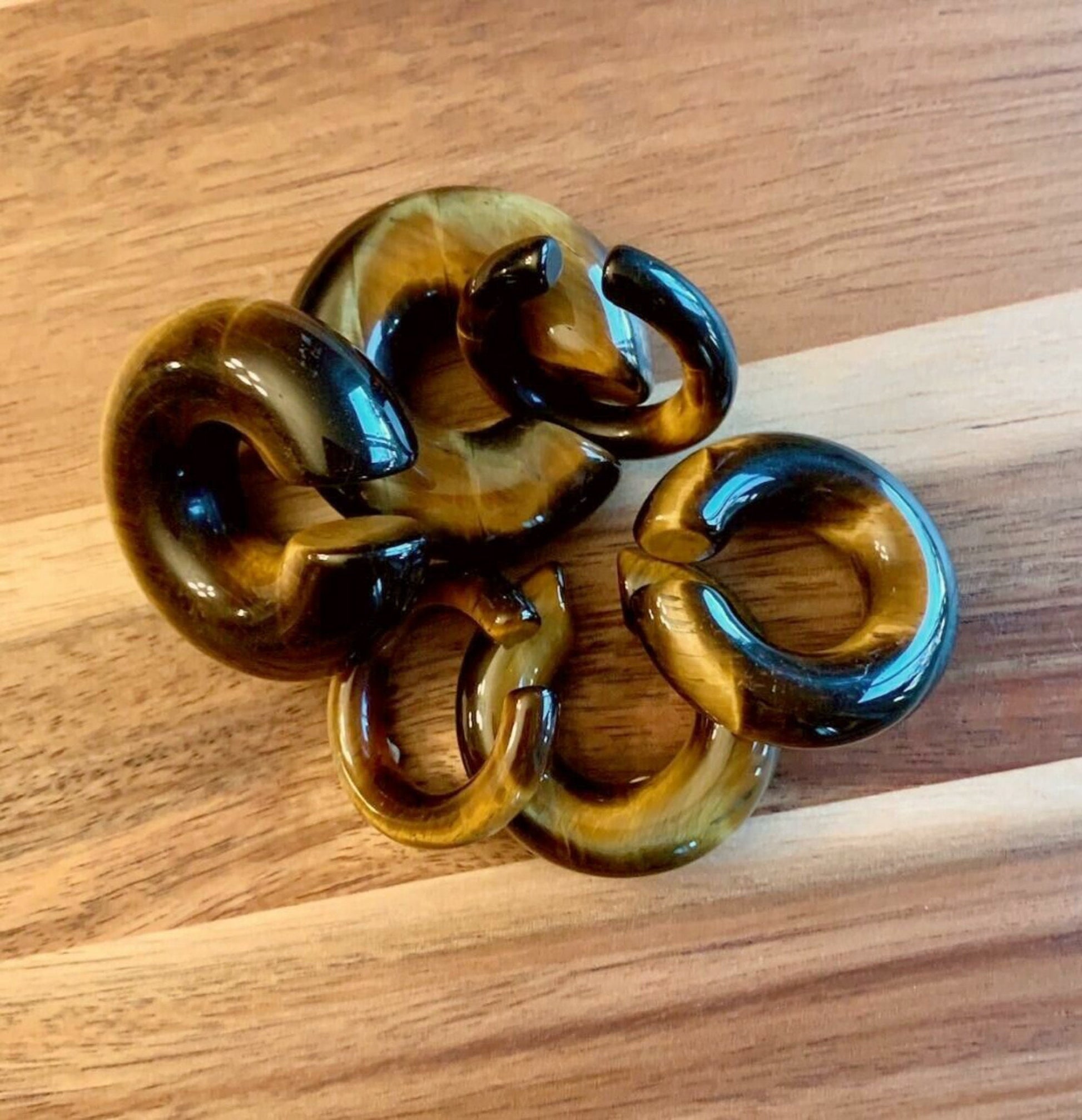 PAIR of Unique Organic Tiger Eye Stone Hoops Ear Weight Hanging Plugs - Gauges 2g (6mm) up to 5/8" (16mm) available!