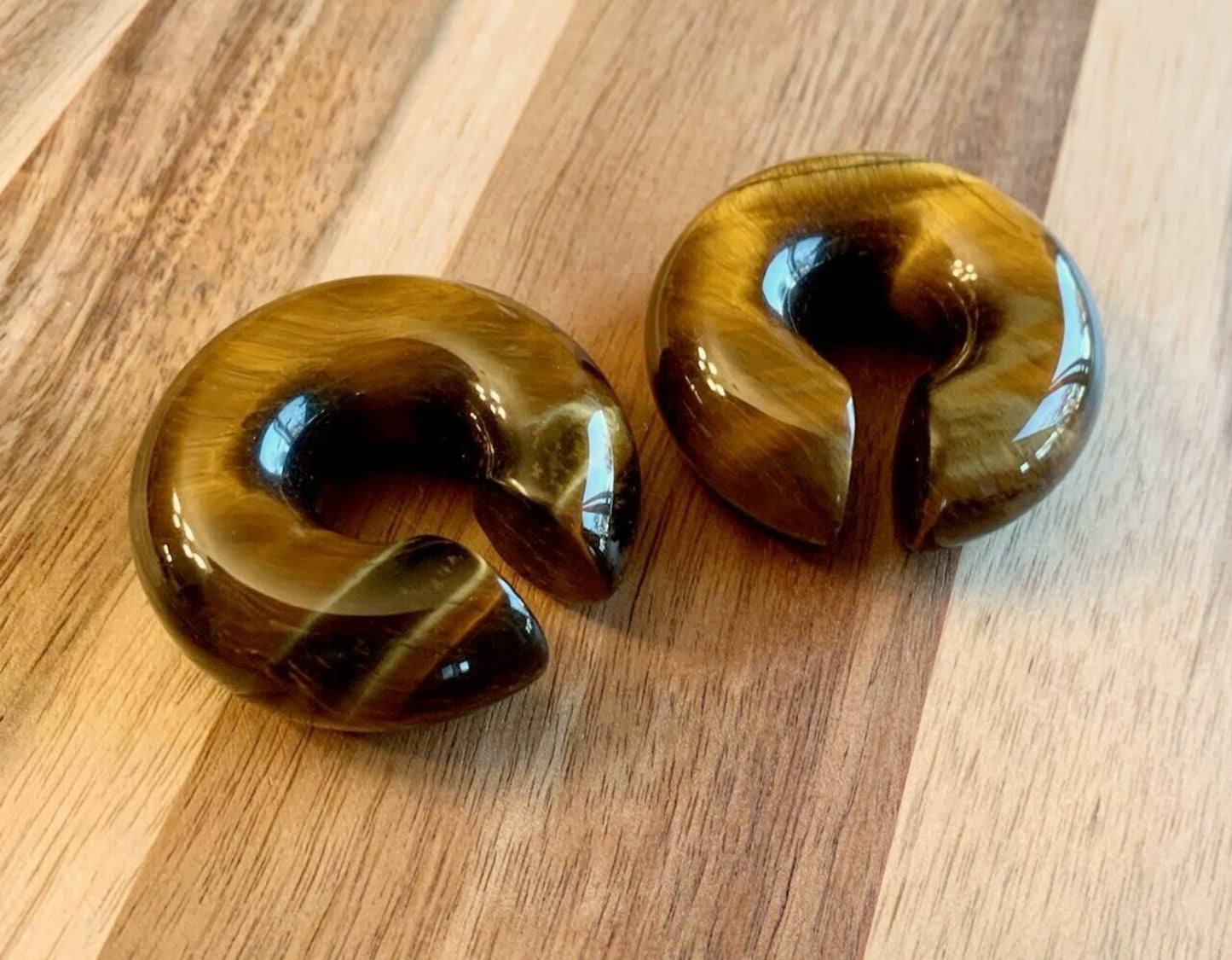 PAIR of Unique Organic Tiger Eye Stone Hoops Ear Weight Hanging Plugs - Gauges 2g (6mm) up to 5/8" (16mm) available!