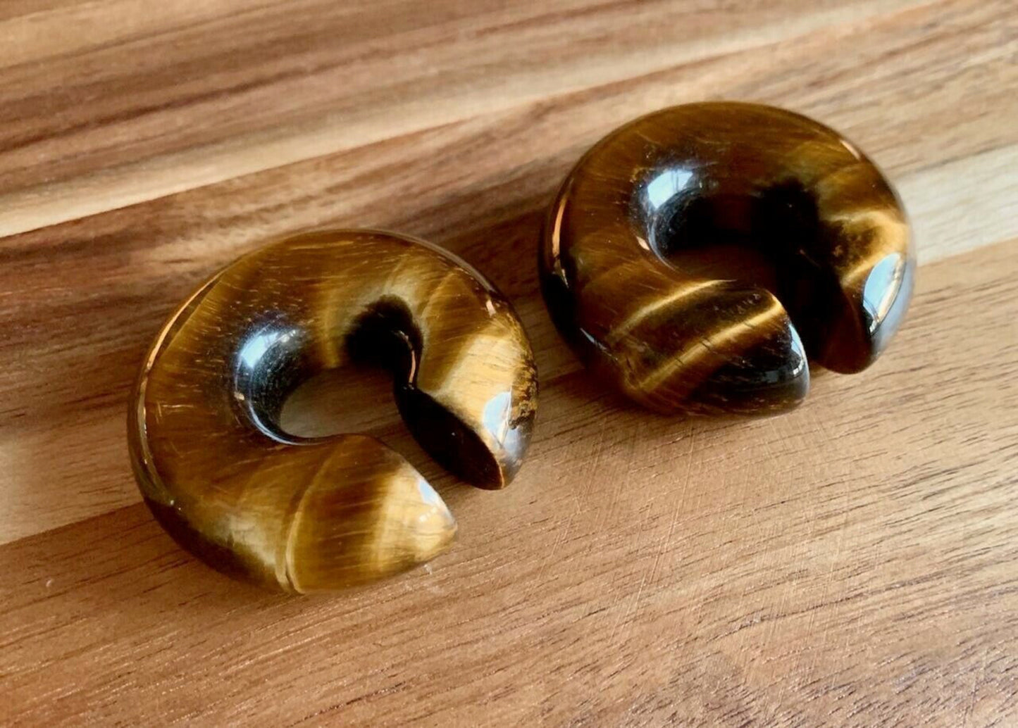 PAIR of Unique Organic Tiger Eye Stone Hoops Ear Weight Hanging Plugs - Gauges 2g (6mm) up to 5/8" (16mm) available!