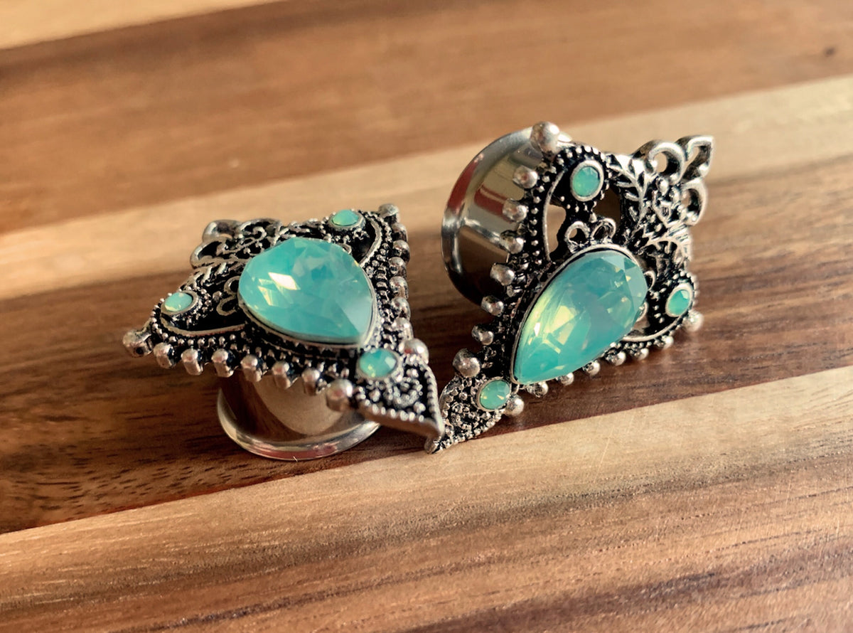 PAIR of Beautiful Green Opalite Stone Teardrop Tribal Shield Steel Double Flare Tunnels/Plugs - Gauges 2g (6mm) thru 5/8" (16mm) available!