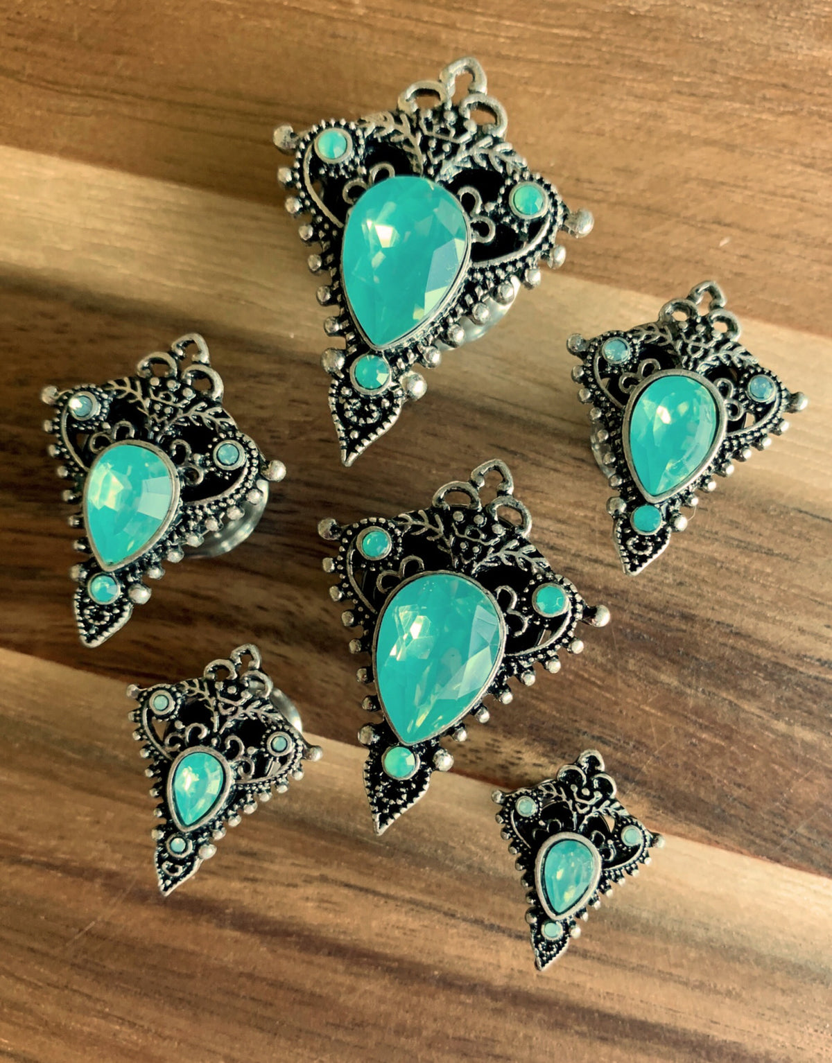 PAIR of Beautiful Green Opalite Stone Teardrop Tribal Shield Steel Double Flare Tunnels/Plugs - Gauges 2g (6mm) thru 5/8" (16mm) available!