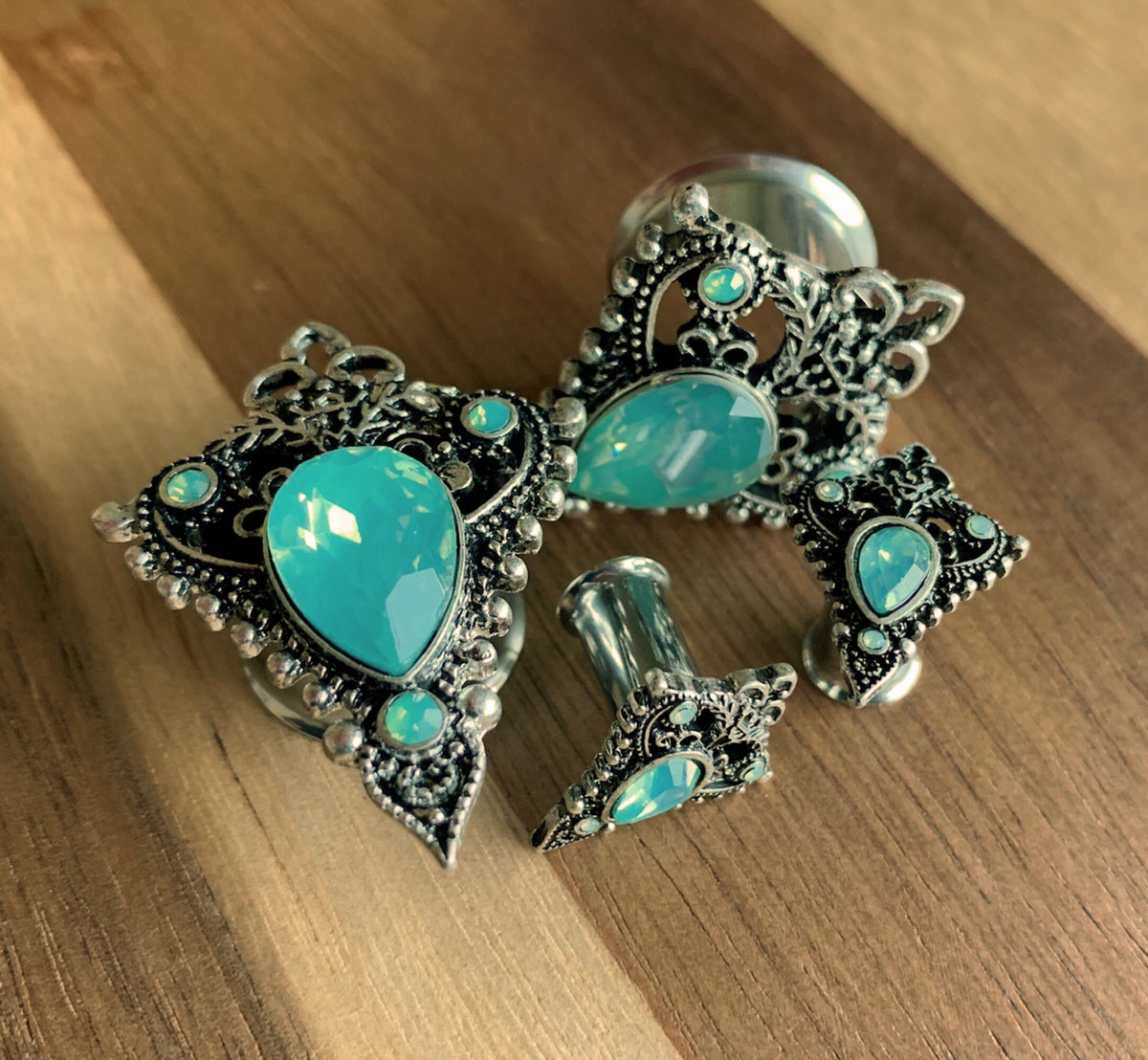 PAIR of Beautiful Green Opalite Stone Teardrop Tribal Shield Steel Double Flare Tunnels/Plugs - Gauges 2g (6mm) thru 5/8" (16mm) available!