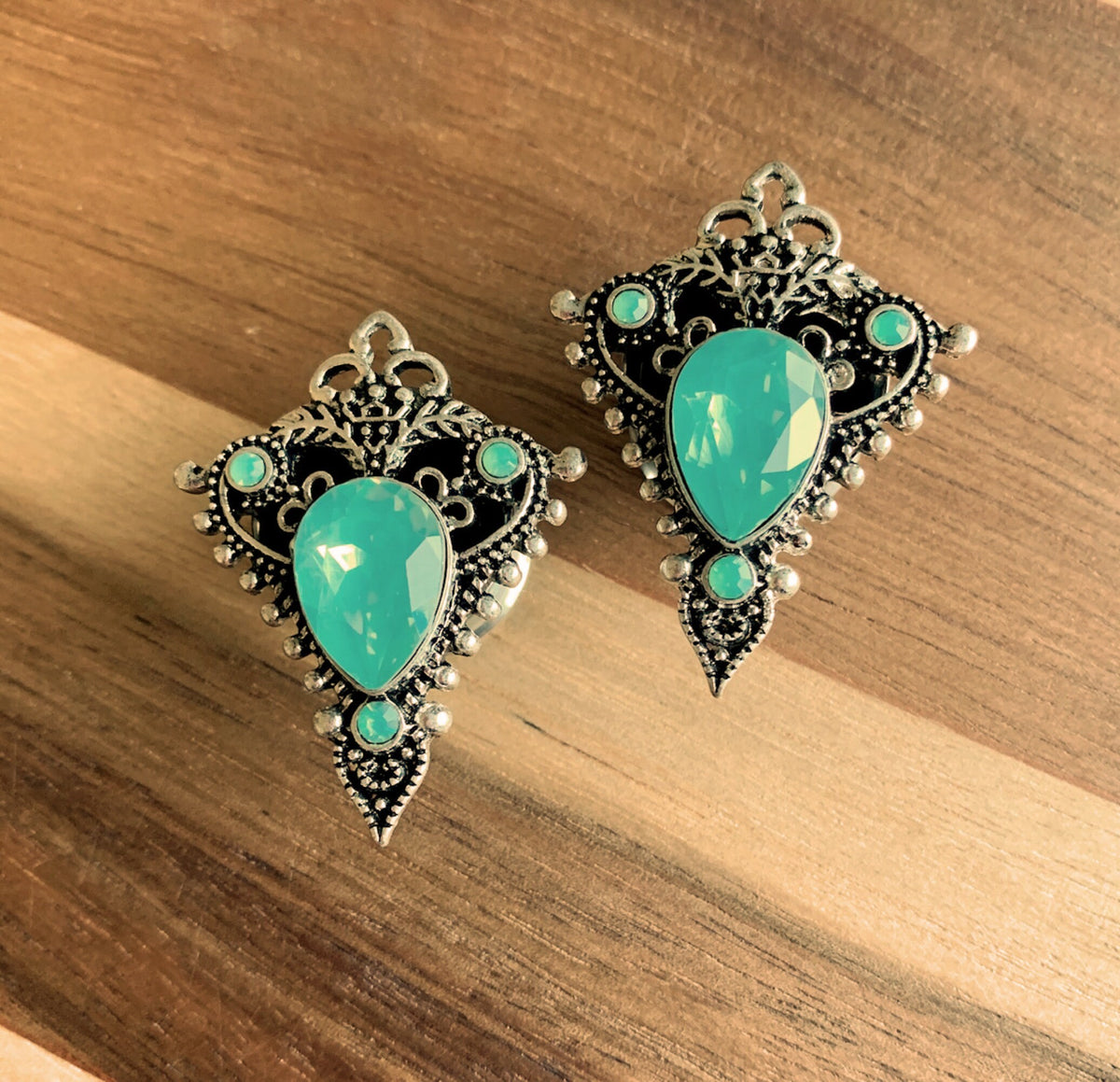 PAIR of Beautiful Green Opalite Stone Teardrop Tribal Shield Steel Double Flare Tunnels/Plugs - Gauges 2g (6mm) thru 5/8" (16mm) available!
