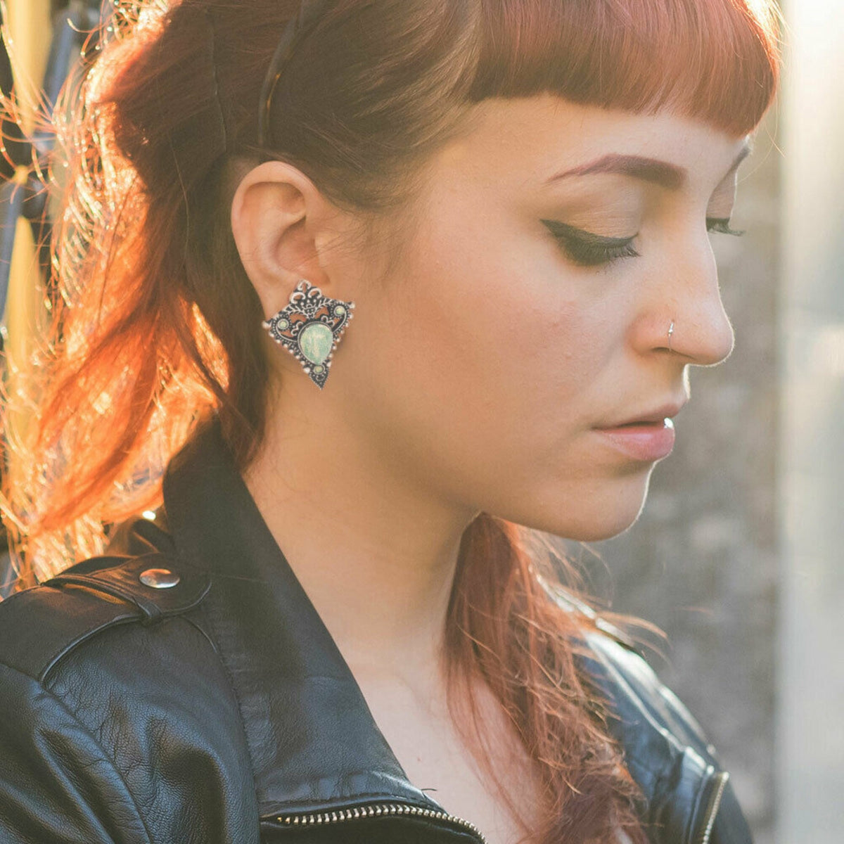 PAIR of Beautiful Green Opalite Stone Teardrop Tribal Shield Steel Double Flare Tunnels/Plugs - Gauges 2g (6mm) thru 5/8" (16mm) available!