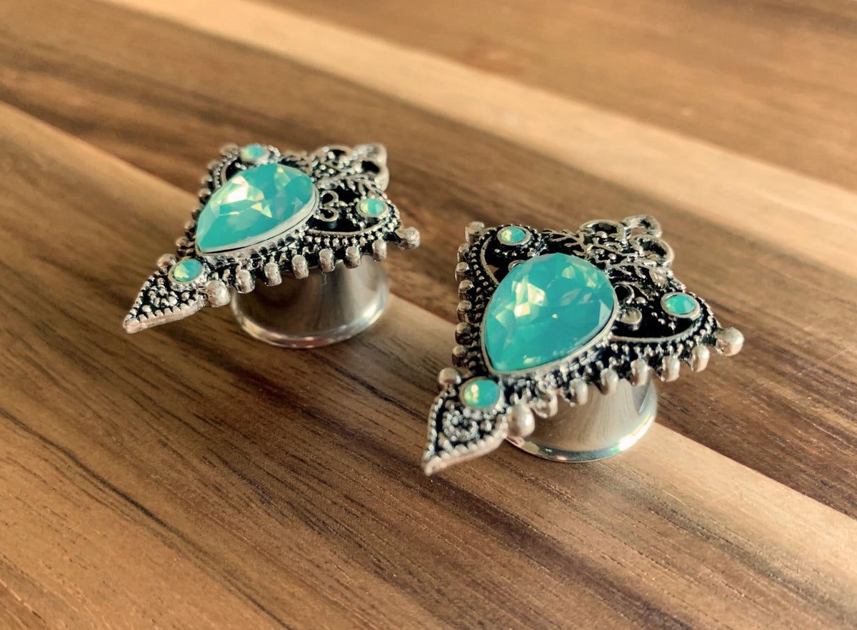 PAIR of Beautiful Green Opalite Stone Teardrop Tribal Shield Steel Double Flare Tunnels/Plugs - Gauges 2g (6mm) thru 5/8" (16mm) available!