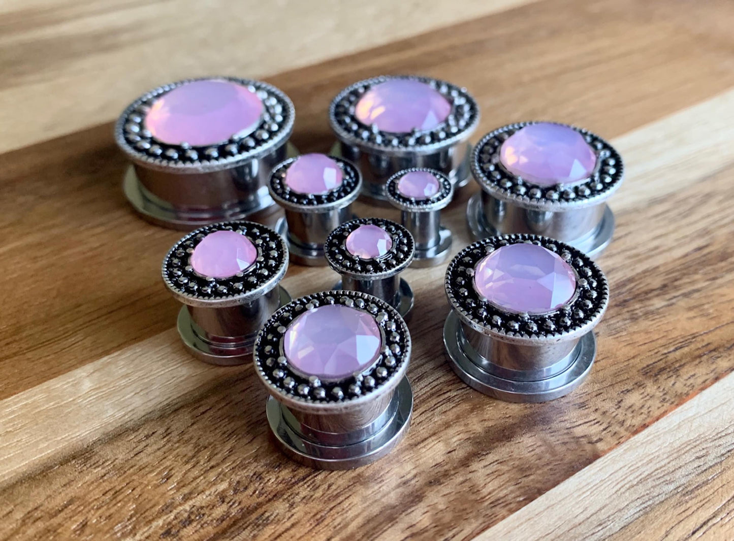 Pair of Unique Pink Gem Steel Burnished Antique Silver Top Screw Fit Tunnels/Plugs - Gauges 2g (6mm) thru 1" (25mm) available!