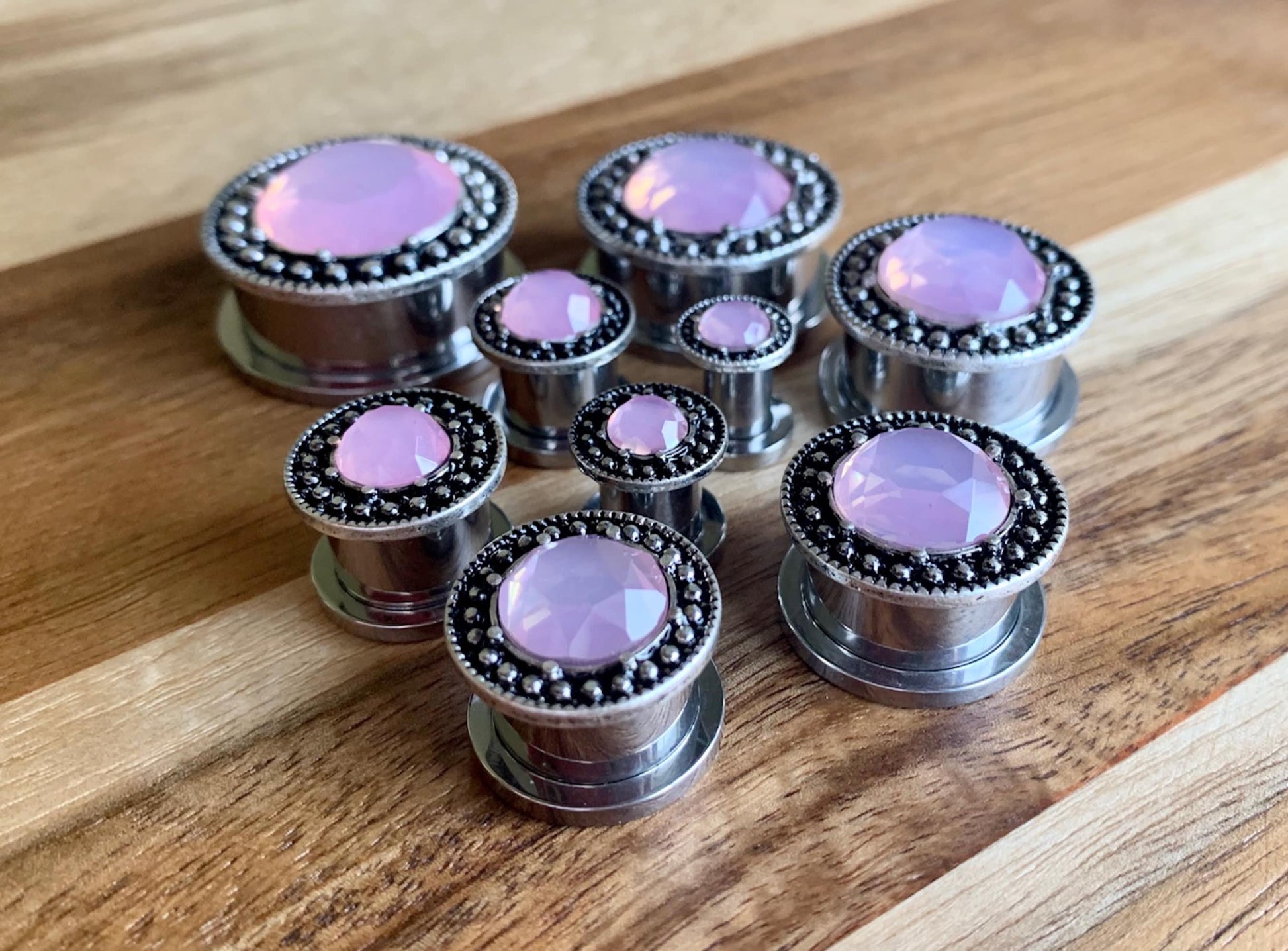 Pair of Unique Pink Gem Steel Burnished Antique Silver Top Screw Fit Tunnels/Plugs - Gauges 2g (6mm) thru 1" (25mm) available!