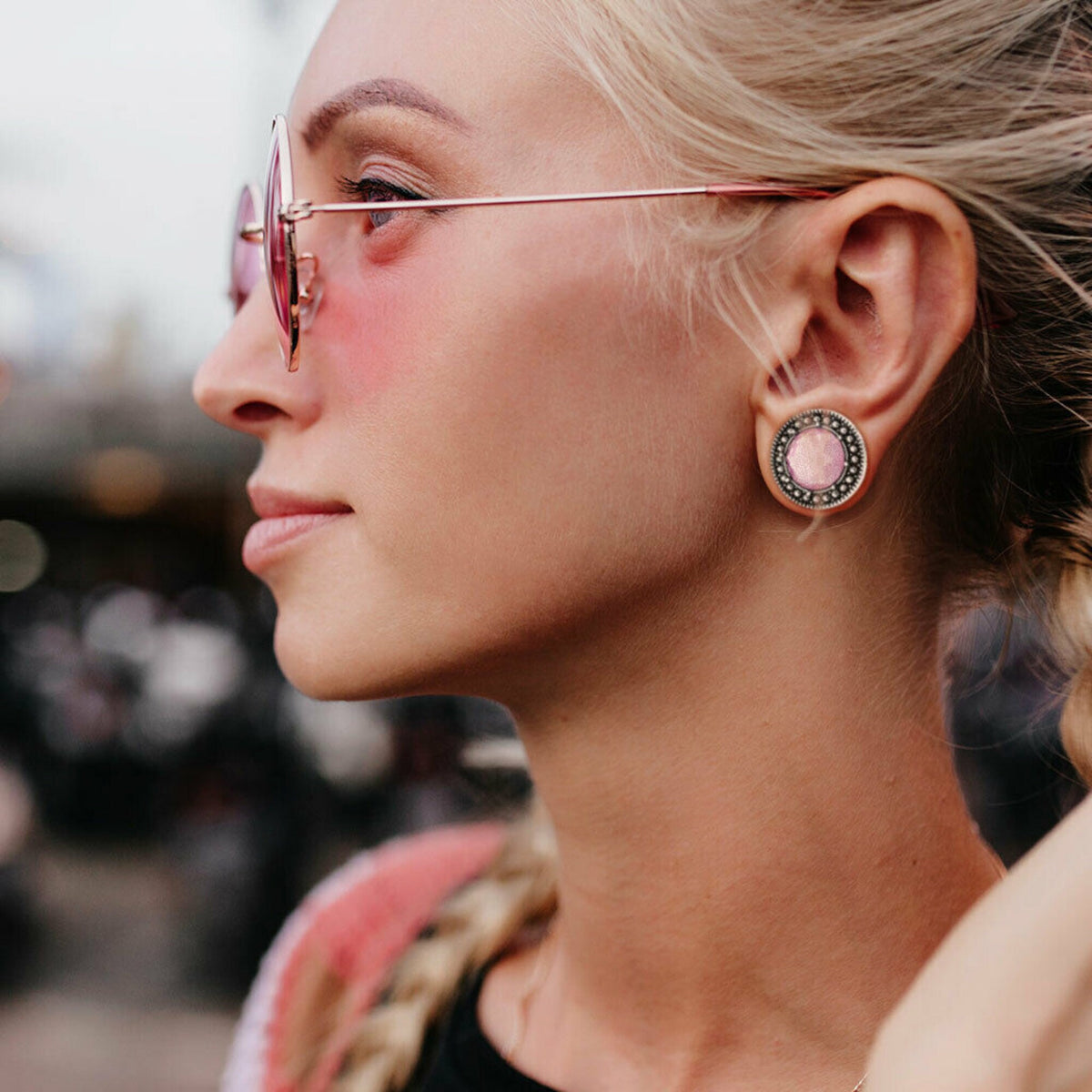 Pair of Unique Pink Gem Steel Burnished Antique Silver Top Screw Fit Tunnels/Plugs - Gauges 2g (6mm) thru 1" (25mm) available!