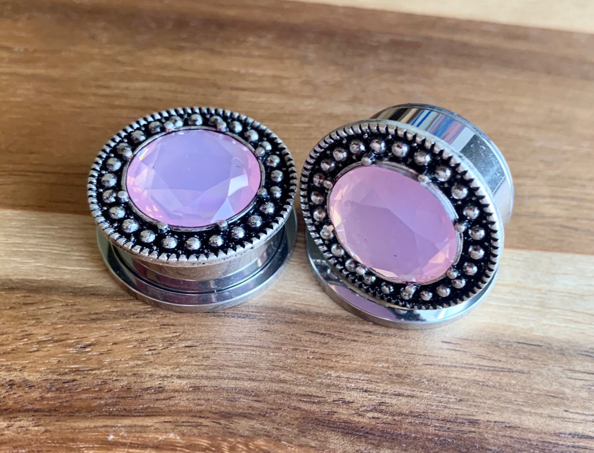 Pair of Unique Pink Gem Steel Burnished Antique Silver Top Screw Fit Tunnels/Plugs - Gauges 2g (6mm) thru 1" (25mm) available!