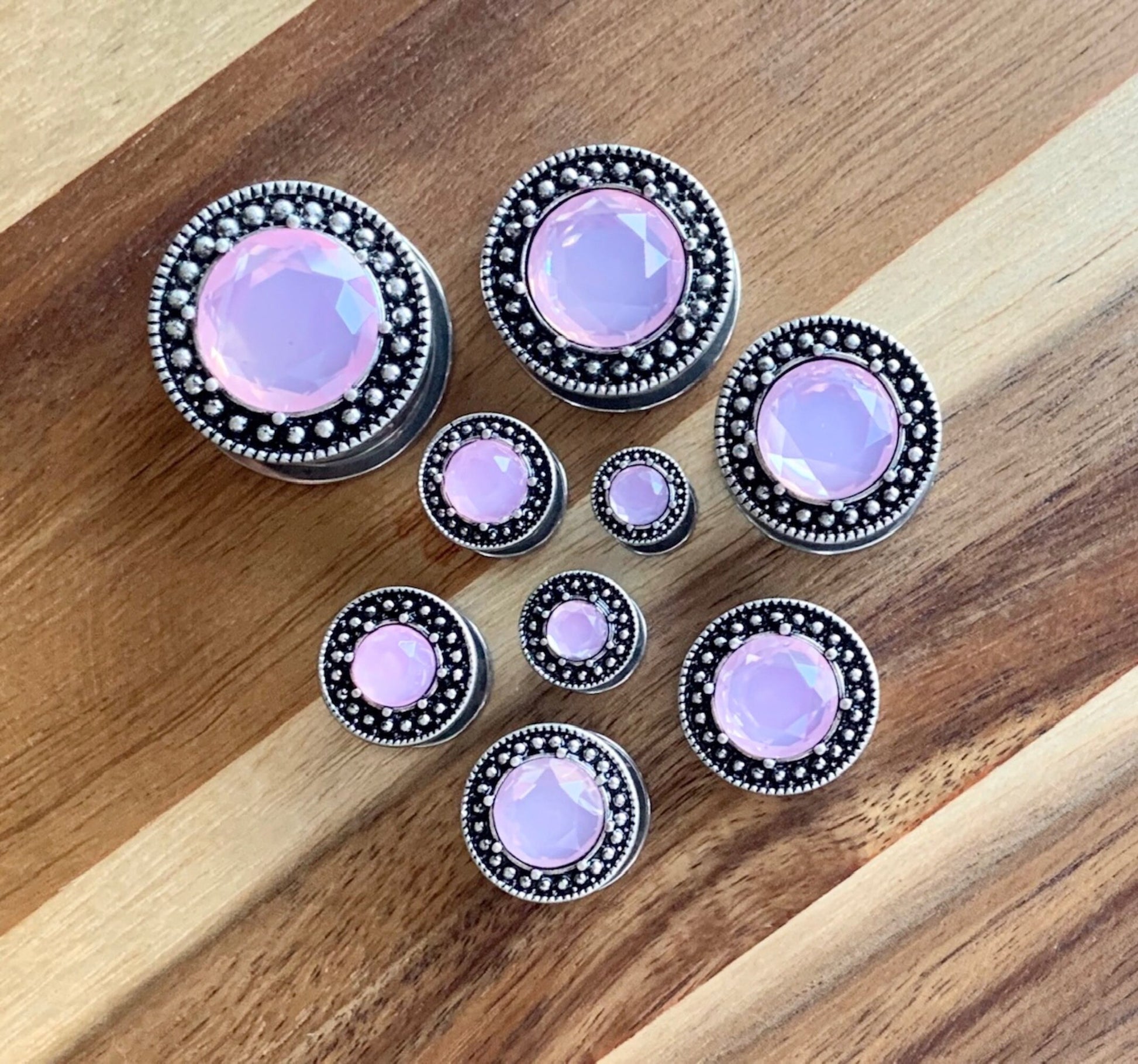 Pair of Unique Pink Gem Steel Burnished Antique Silver Top Screw Fit Tunnels/Plugs - Gauges 2g (6mm) thru 1" (25mm) available!