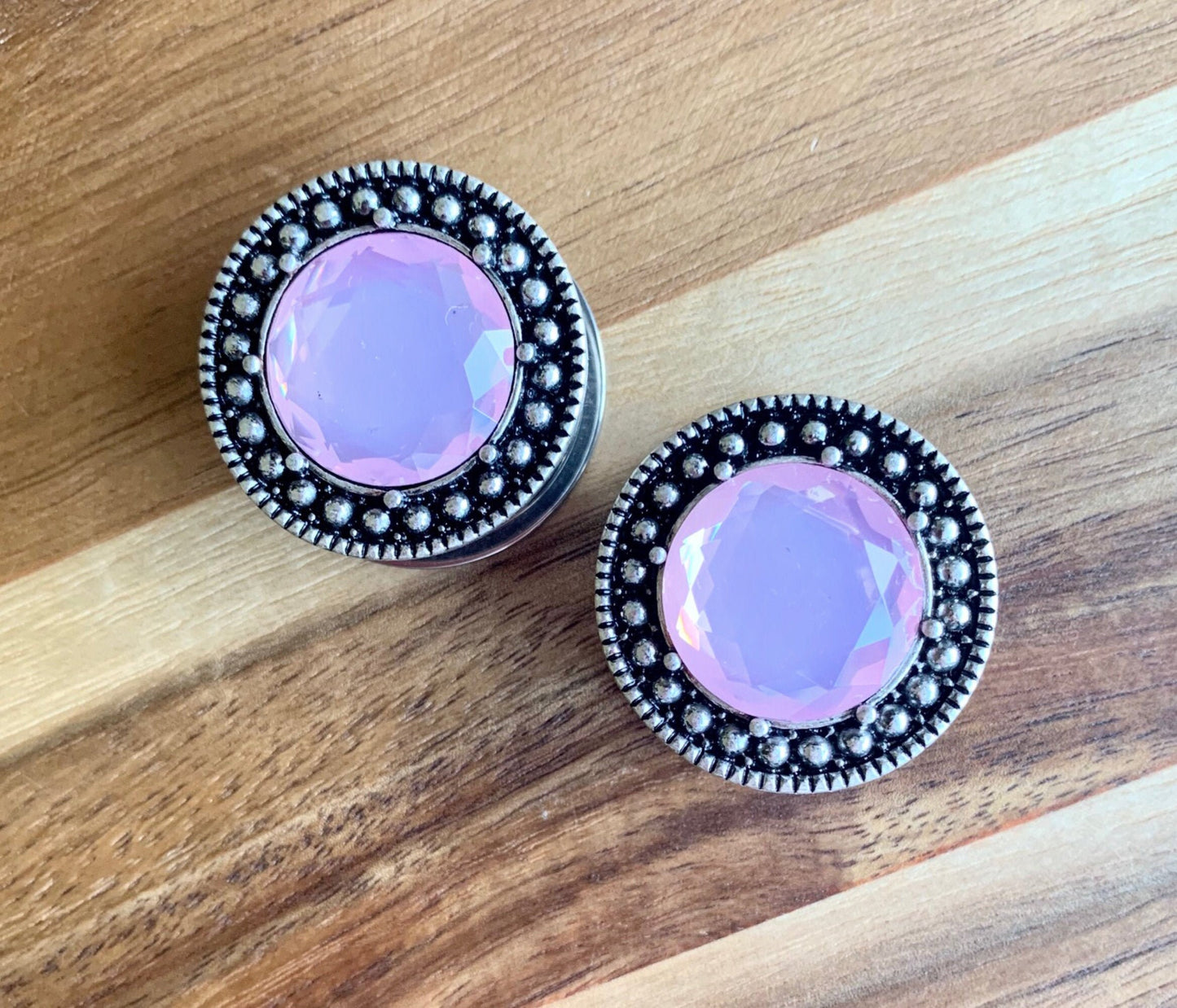 Pair of Unique Pink Gem Steel Burnished Antique Silver Top Screw Fit Tunnels/Plugs - Gauges 2g (6mm) thru 1" (25mm) available!