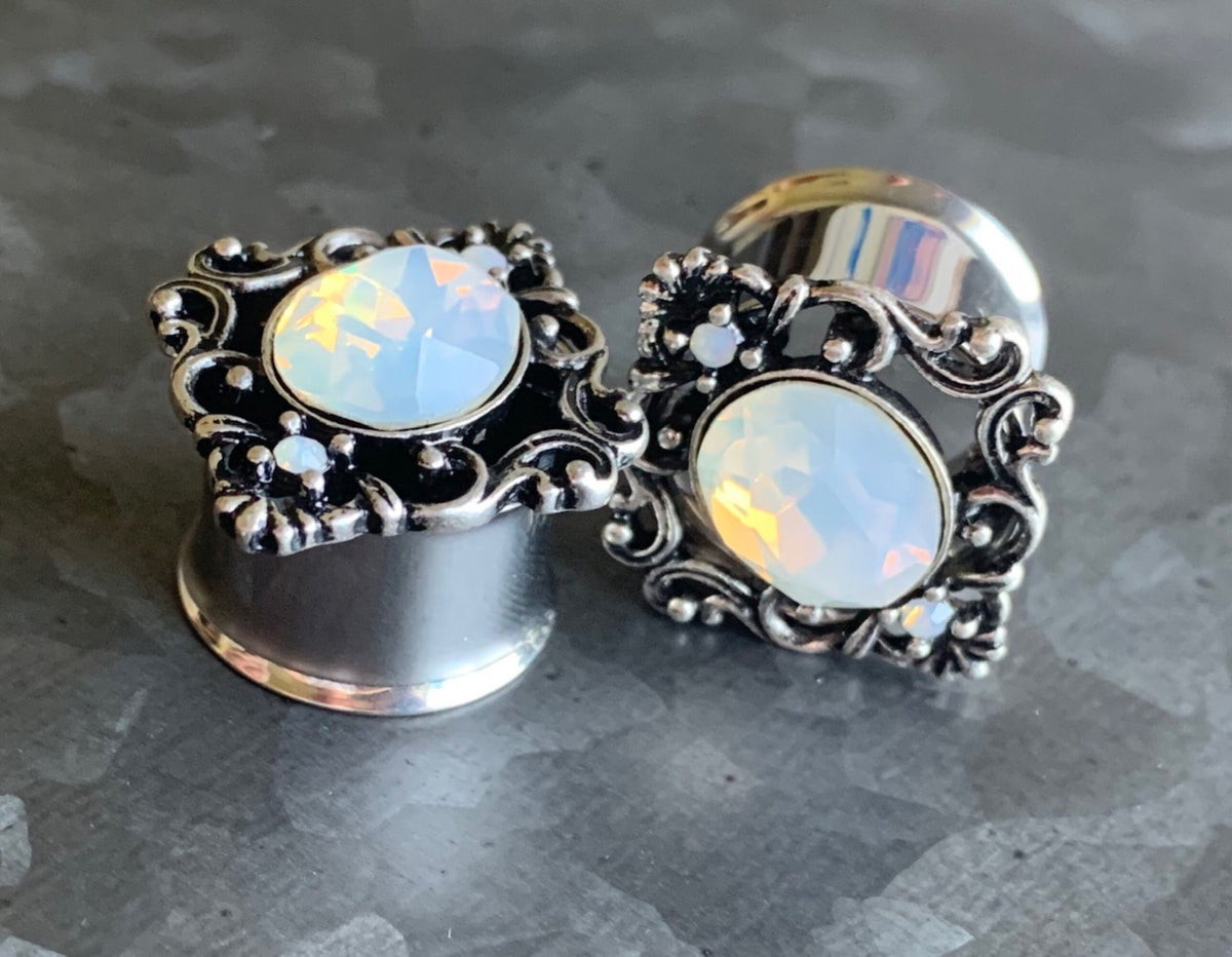 PAIR of Stunning Oval Opalite Stone Filigree Double Flare Steel Tunnels/Plugs - Gauges 2g (6mm) thru 5/8" (16mm) available!