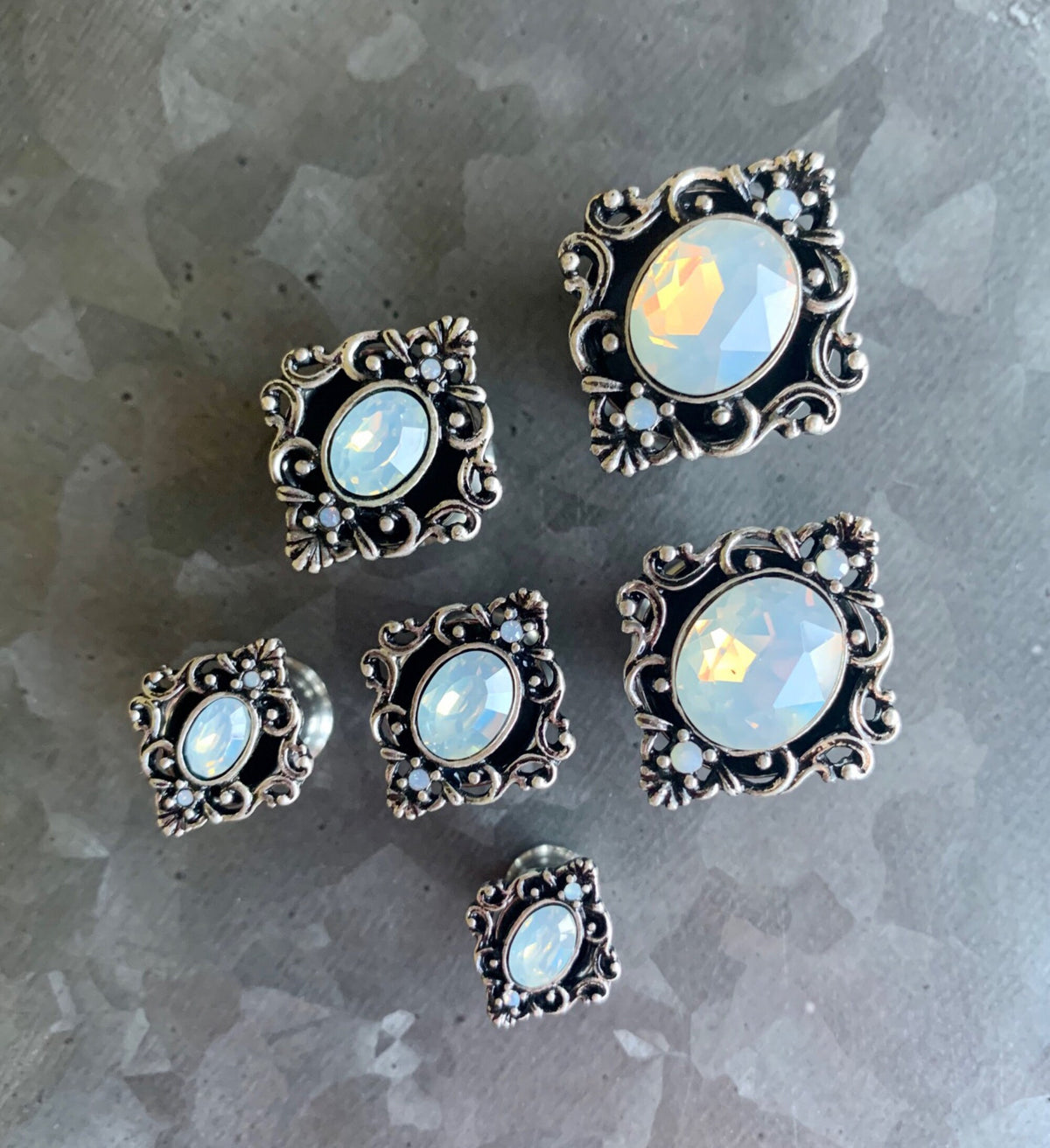 PAIR of Stunning Oval Opalite Stone Filigree Double Flare Steel Tunnels/Plugs - Gauges 2g (6mm) thru 5/8" (16mm) available!