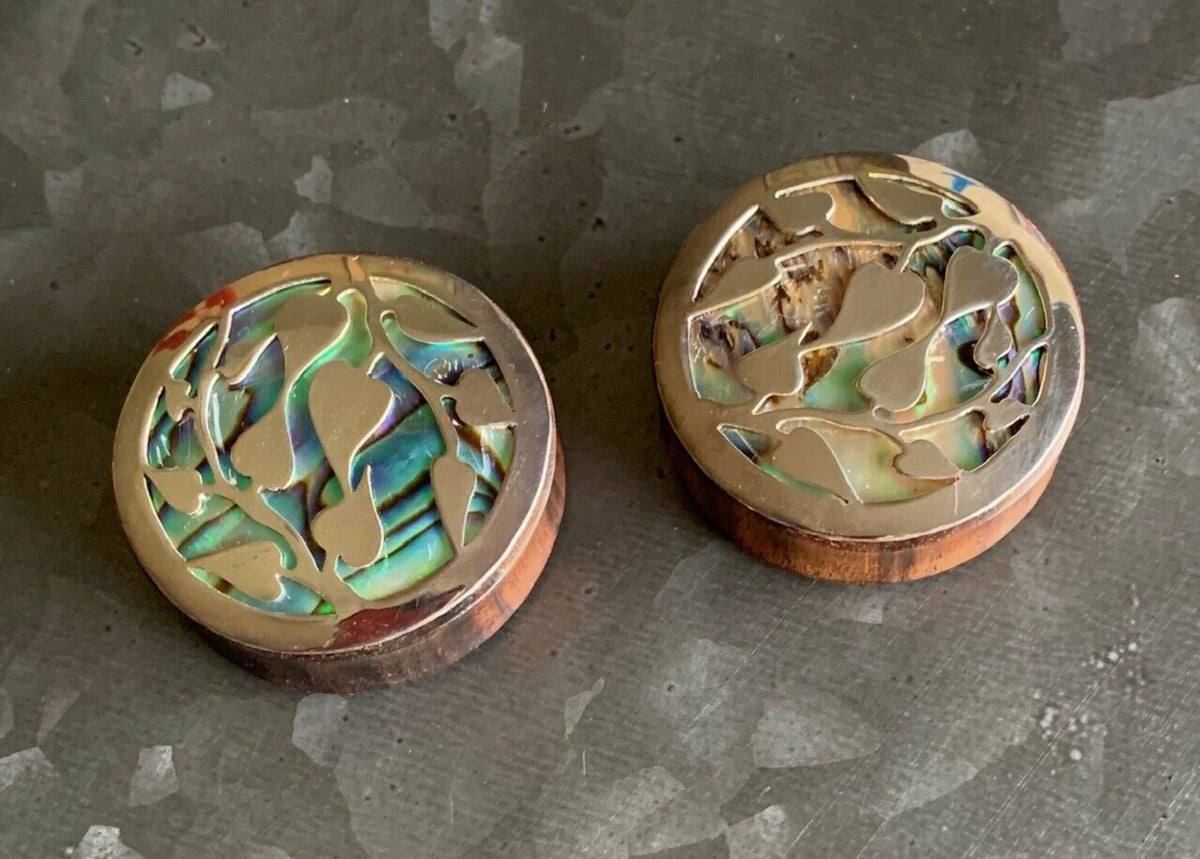 PAIR of Stunning Silver Leaves and Organic Abalone Shell Inlaid Sono Wood Saddle Plugs - Gauges 0000g (12mm) thru 1&3/8" (34mm) available!