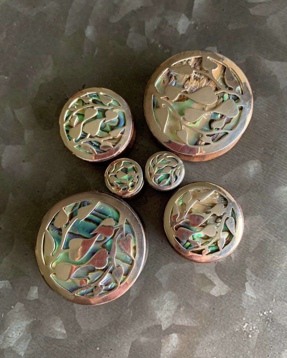 PAIR of Stunning Silver Leaves and Organic Abalone Shell Inlaid Sono Wood Saddle Plugs - Gauges 0000g (12mm) thru 1&3/8" (34mm) available!