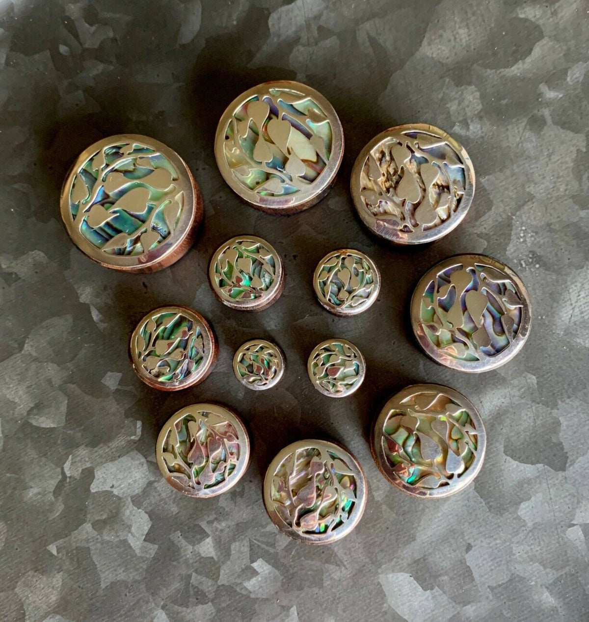 PAIR of Stunning Silver Leaves and Organic Abalone Shell Inlaid Sono Wood Saddle Plugs - Gauges 0000g (12mm) thru 1&3/8" (34mm) available!