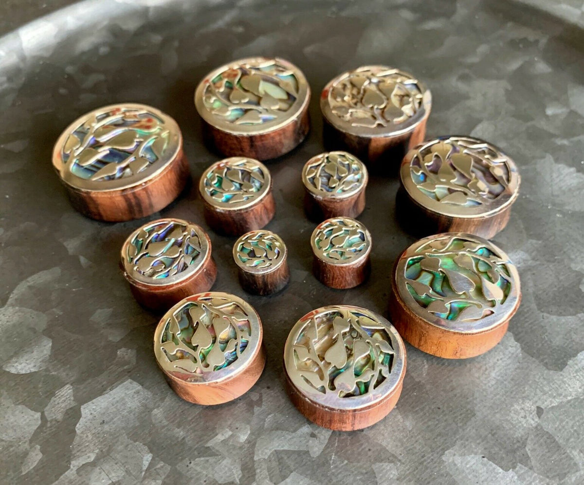 PAIR of Stunning Silver Leaves and Organic Abalone Shell Inlaid Sono Wood Saddle Plugs - Gauges 0000g (12mm) thru 1&3/8" (34mm) available!