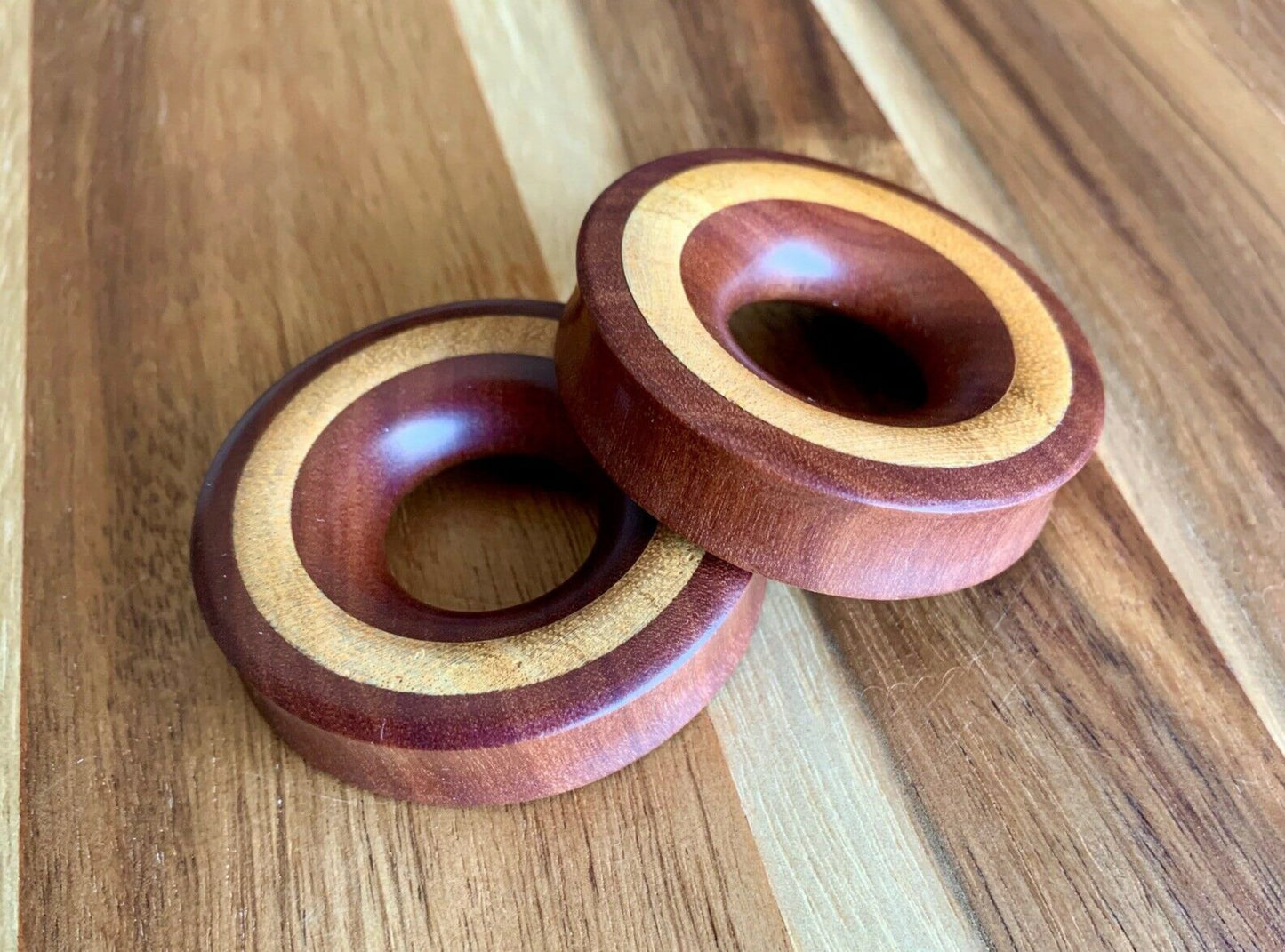 PAIR of Unique Concave Sawo Wood with Jackfruit Wood Inlay Tunnels/Plugs - Gauges 1" (25mm) thru 2" (52mm) available!