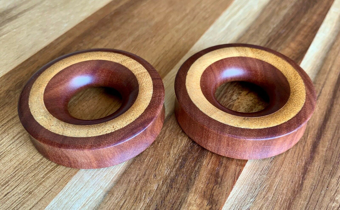 PAIR of Unique Concave Sawo Wood with Jackfruit Wood Inlay Tunnels/Plugs - Gauges 1" (25mm) thru 2" (52mm) available!