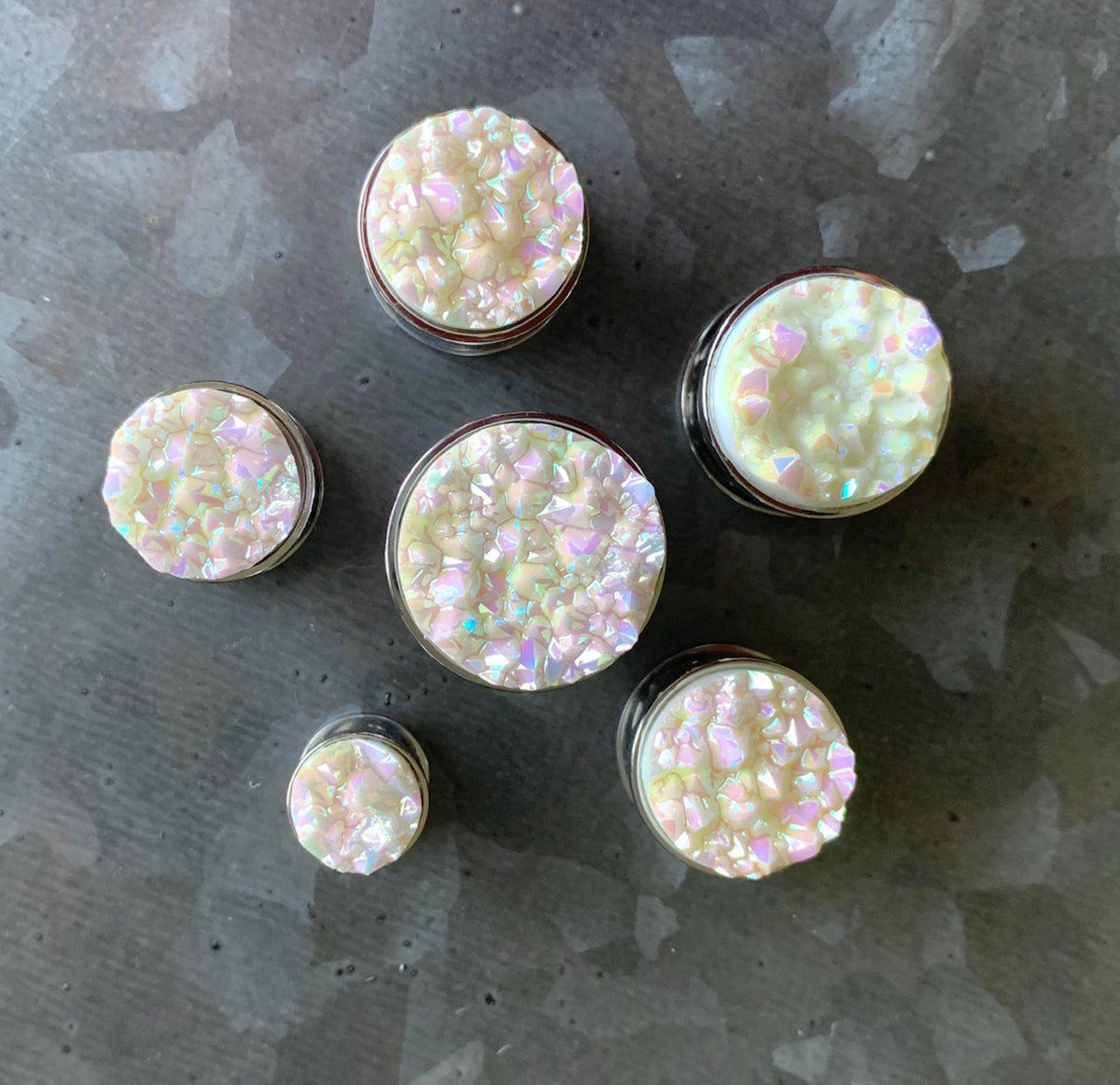 PAIR of Unique Synthetic Druzy Stone Steel Screw Fit Tunnels/Plugs - White or Blue - Gauges 2g (6mm) thru 5/8" (16mm) available!