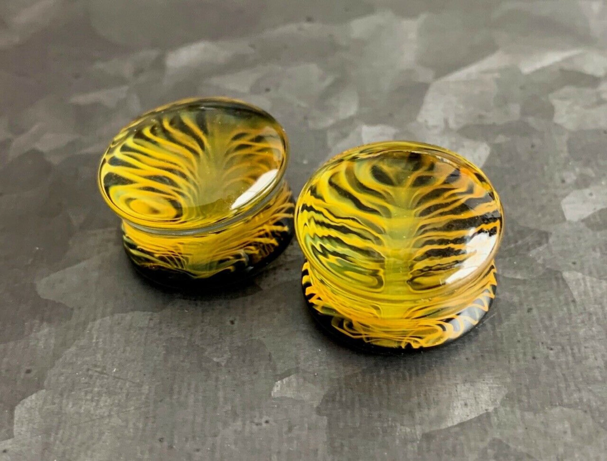 PAIR of Stunning Golden Black Design Pyrex Glass Double Flare Plugs - Gauges 2g (6mm) through 3/4" (19mm) available!