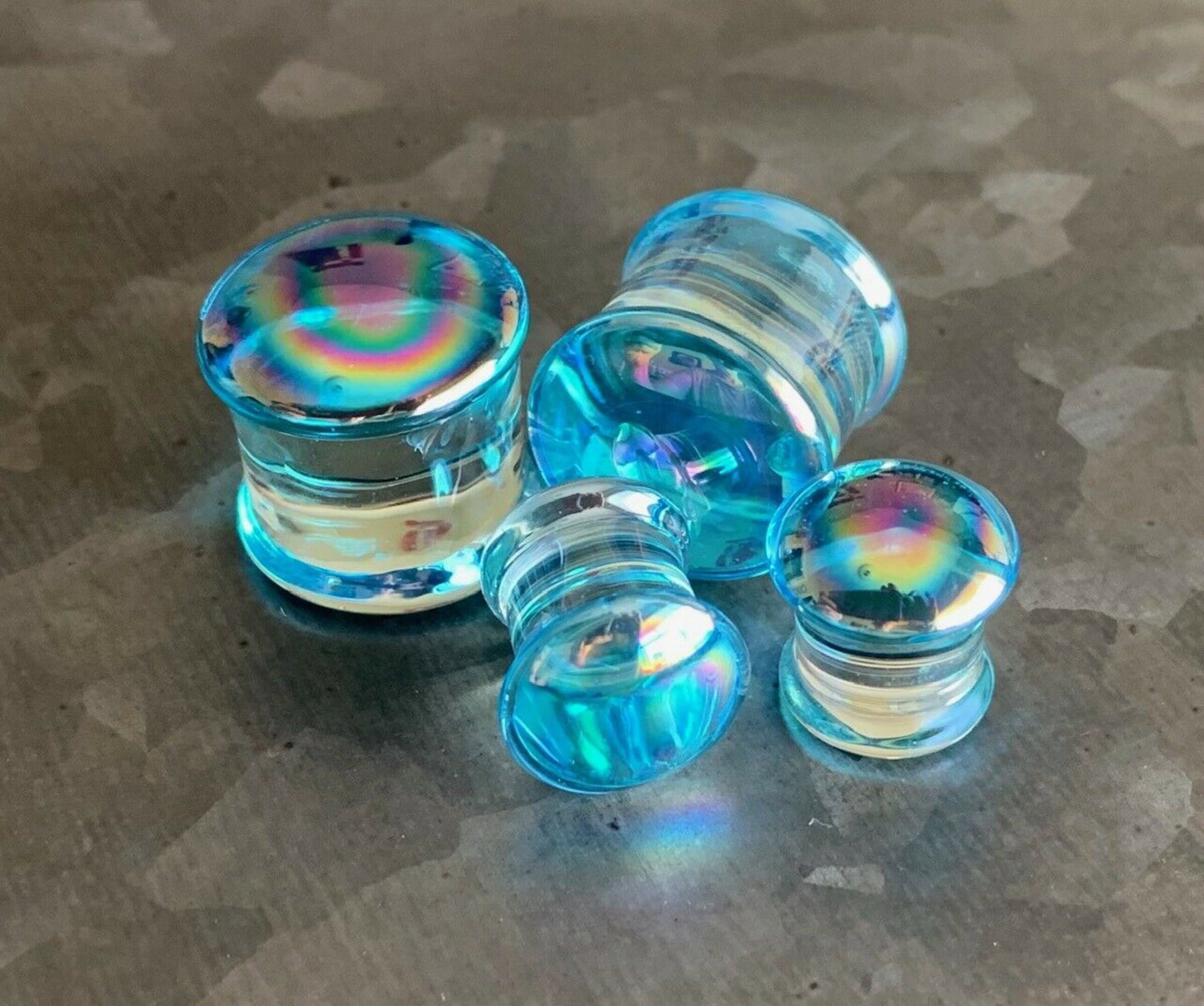 PAIR of Unique Light Blue Pearl Design Pyrex Glass Double Flare Plugs - Gauges 2g (6mm) through 5/8" (16mm) available!