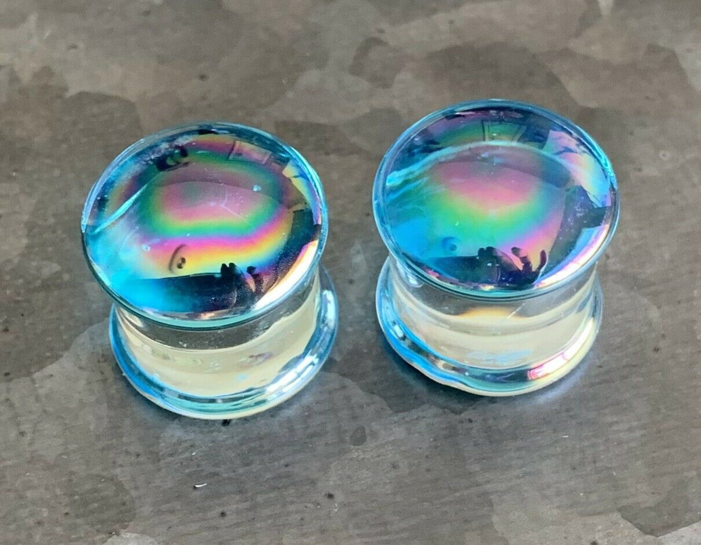 PAIR of Unique Light Blue Pearl Design Pyrex Glass Double Flare Plugs - Gauges 2g (6mm) through 5/8" (16mm) available!