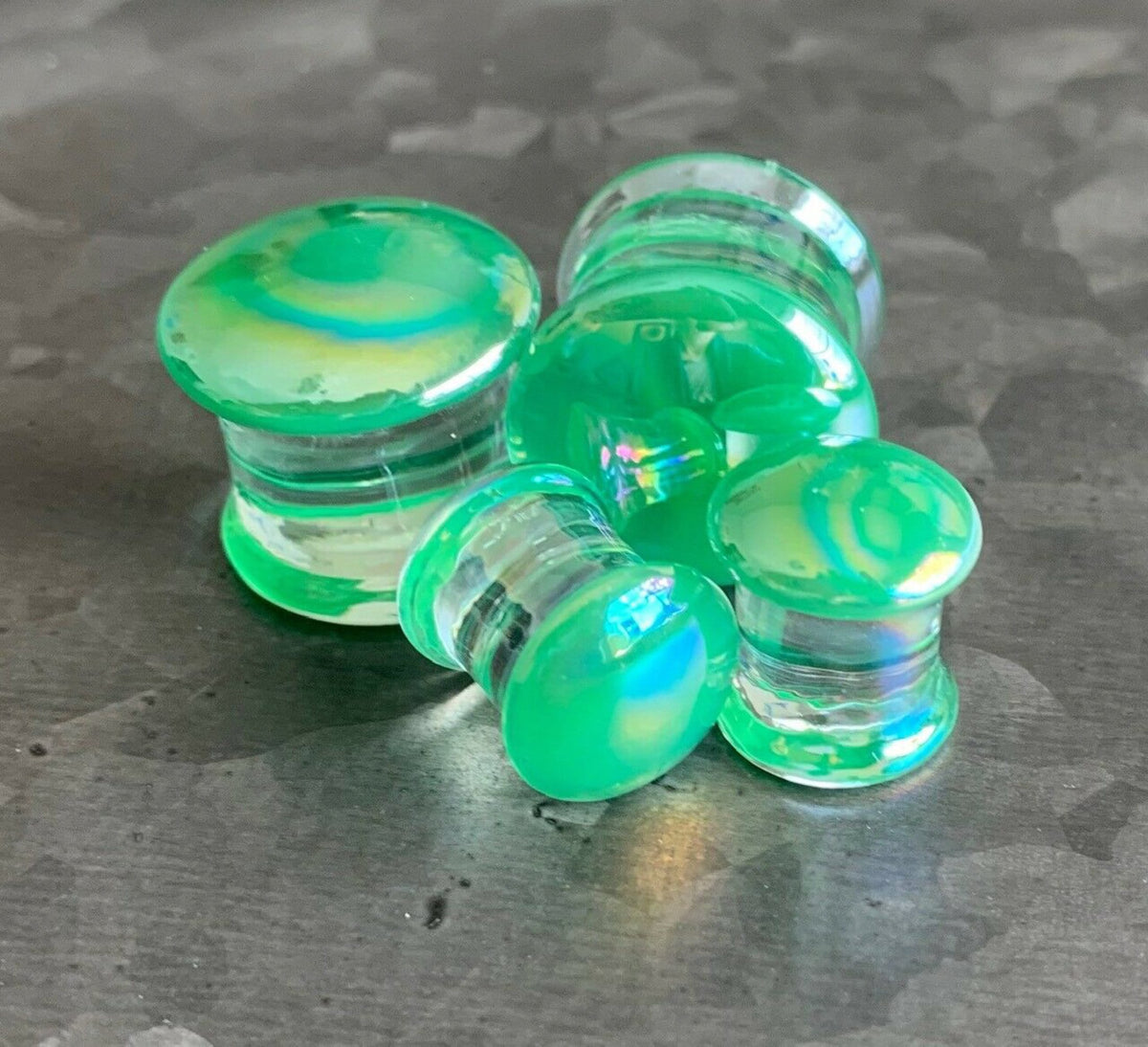 PAIR of Beautiful Green Pearl Design Pyrex Glass Double Flare Plugs - Gauges 2g (6mm) through 5/8" (16mm) available!