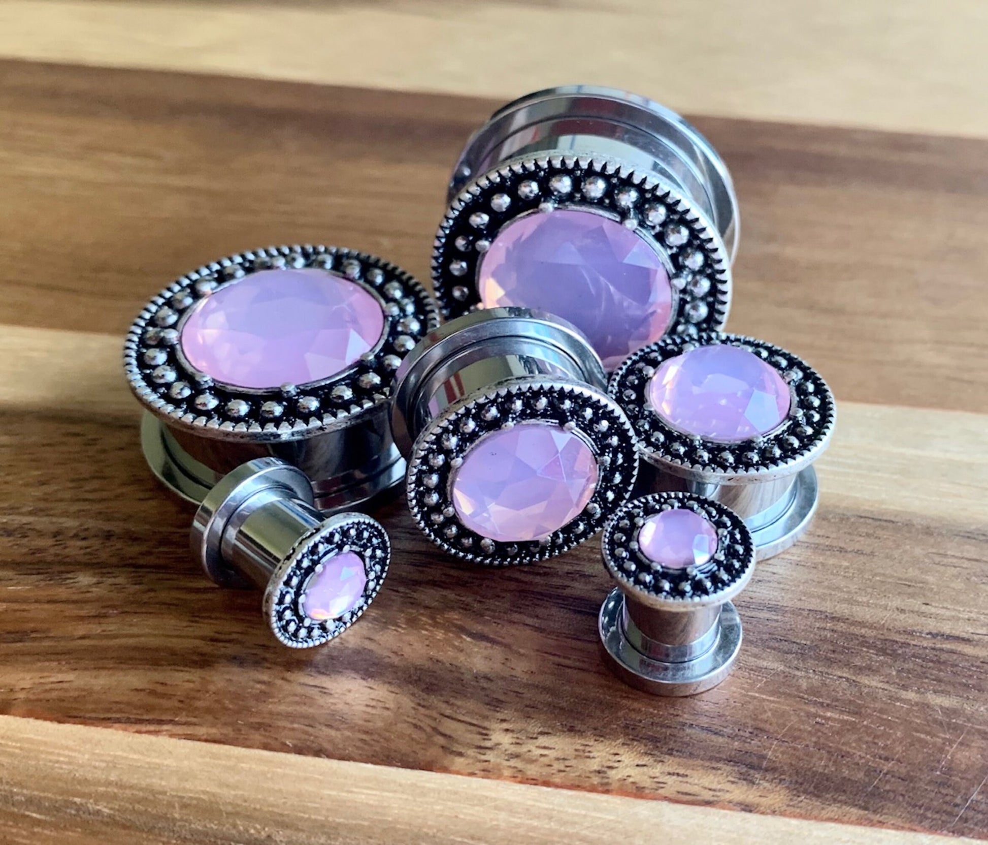 Pair of Unique Pink Gem Steel Burnished Antique Silver Top Screw Fit Tunnels/Plugs - Gauges 2g (6mm) thru 1" (25mm) available!