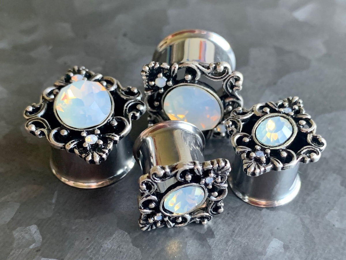 PAIR of Stunning Oval Opalite Stone Filigree Double Flare Steel Tunnels/Plugs - Gauges 2g (6mm) thru 5/8" (16mm) available!
