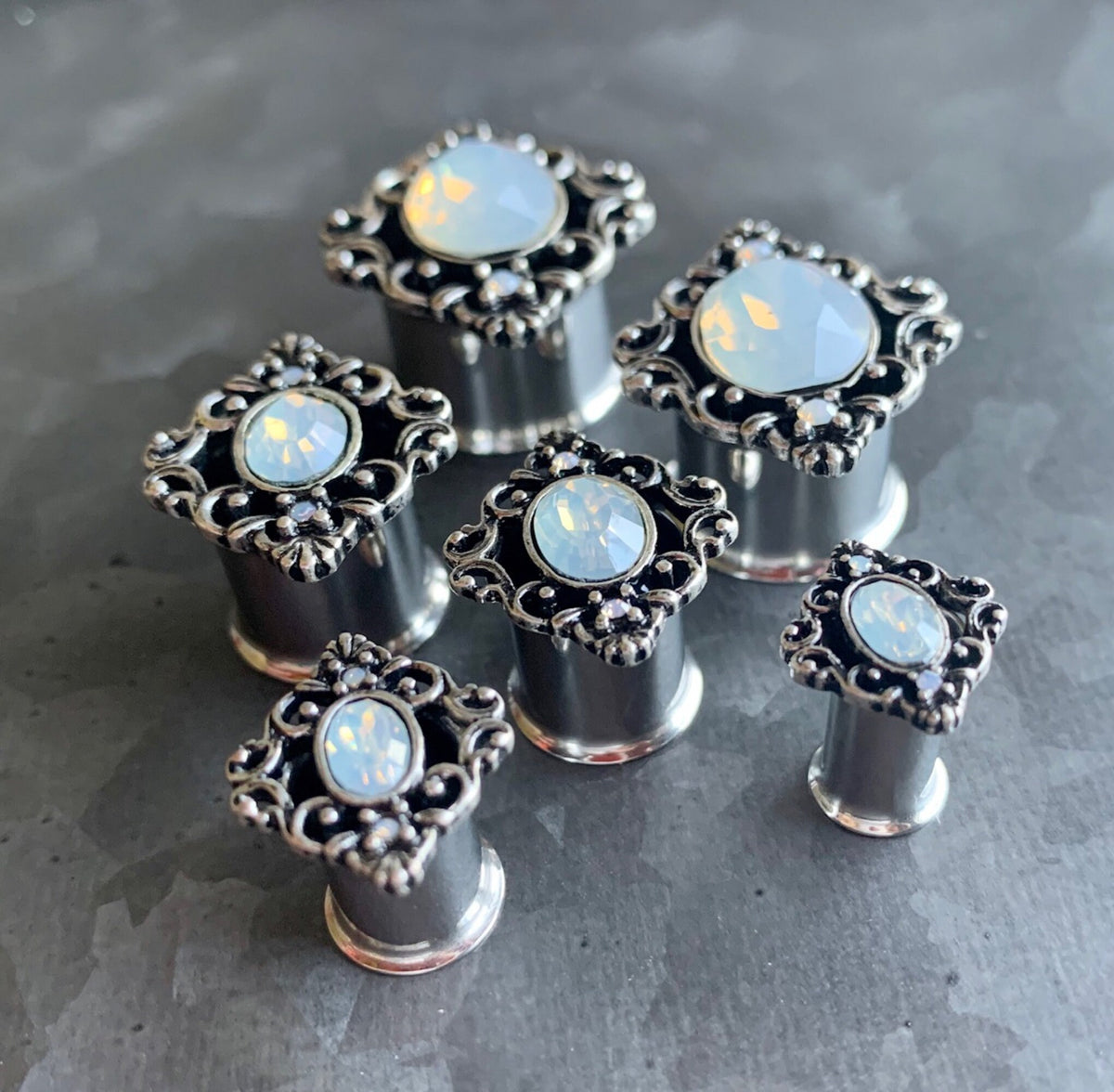 PAIR of Stunning Oval Opalite Stone Filigree Double Flare Steel Tunnels/Plugs - Gauges 2g (6mm) thru 5/8" (16mm) available!
