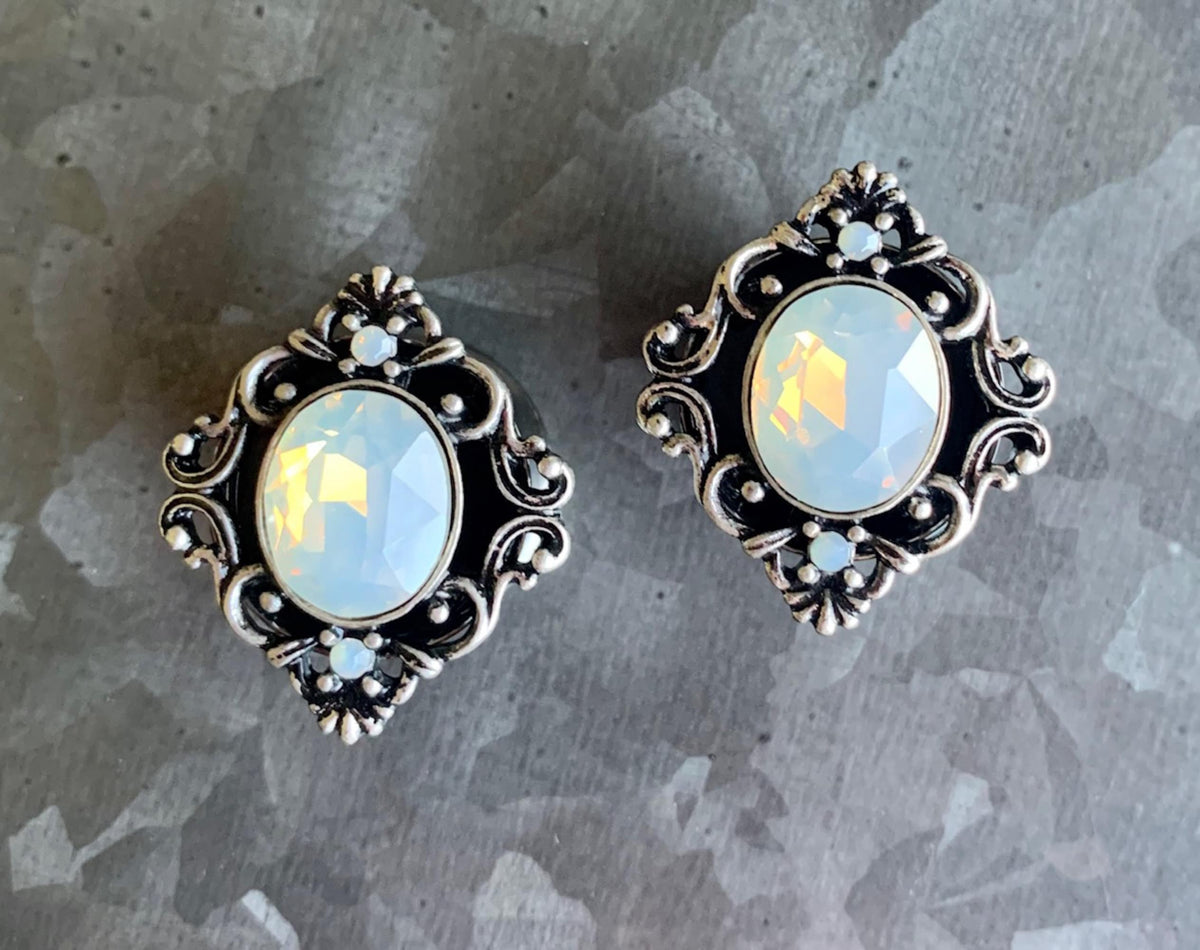 PAIR of Stunning Oval Opalite Stone Filigree Double Flare Steel Tunnels/Plugs - Gauges 2g (6mm) thru 5/8" (16mm) available!